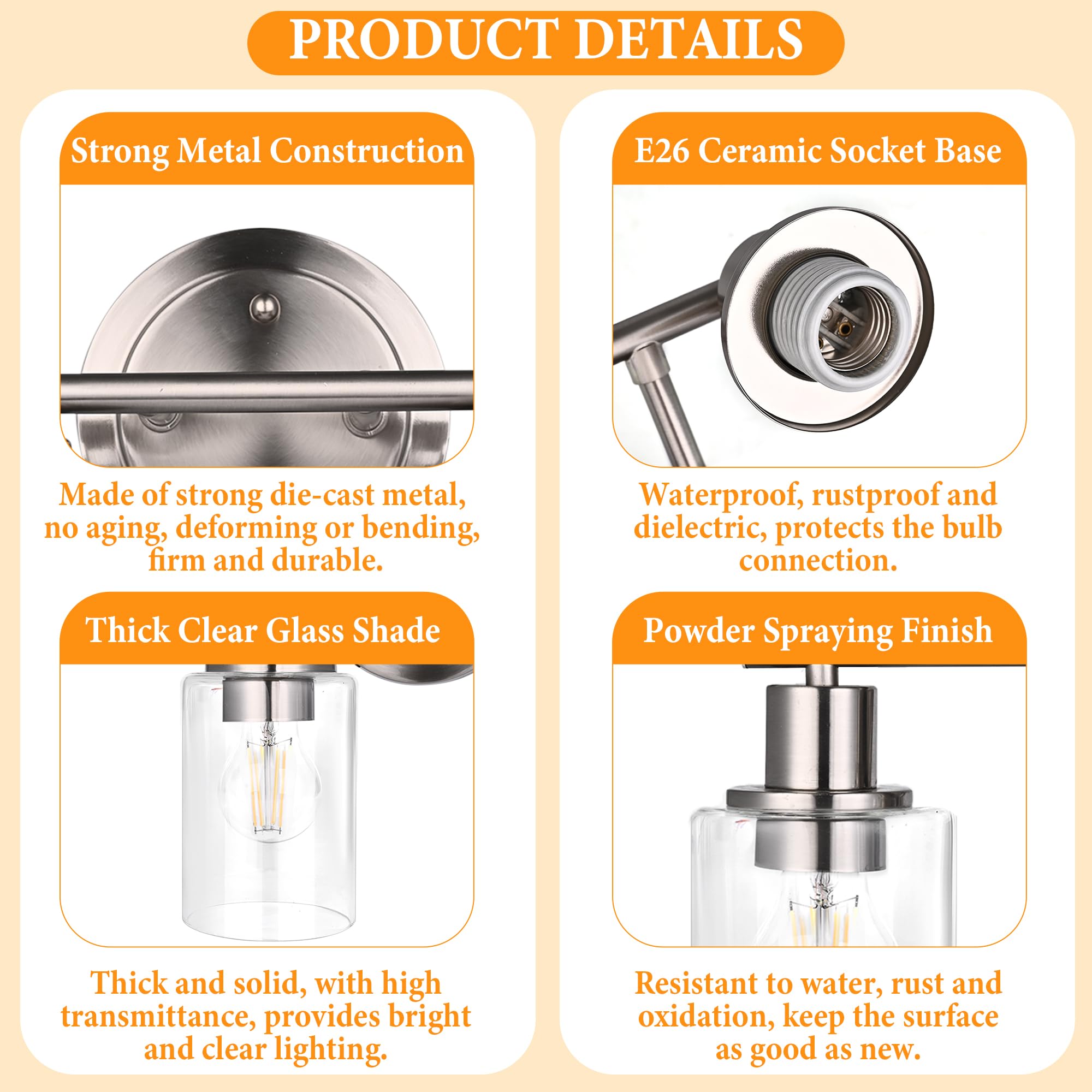 Faymart Lighting Brushed Nickel 3-Light Vanity Light Fixture, Glass and Metal, Model FML-BN-3L-W-S