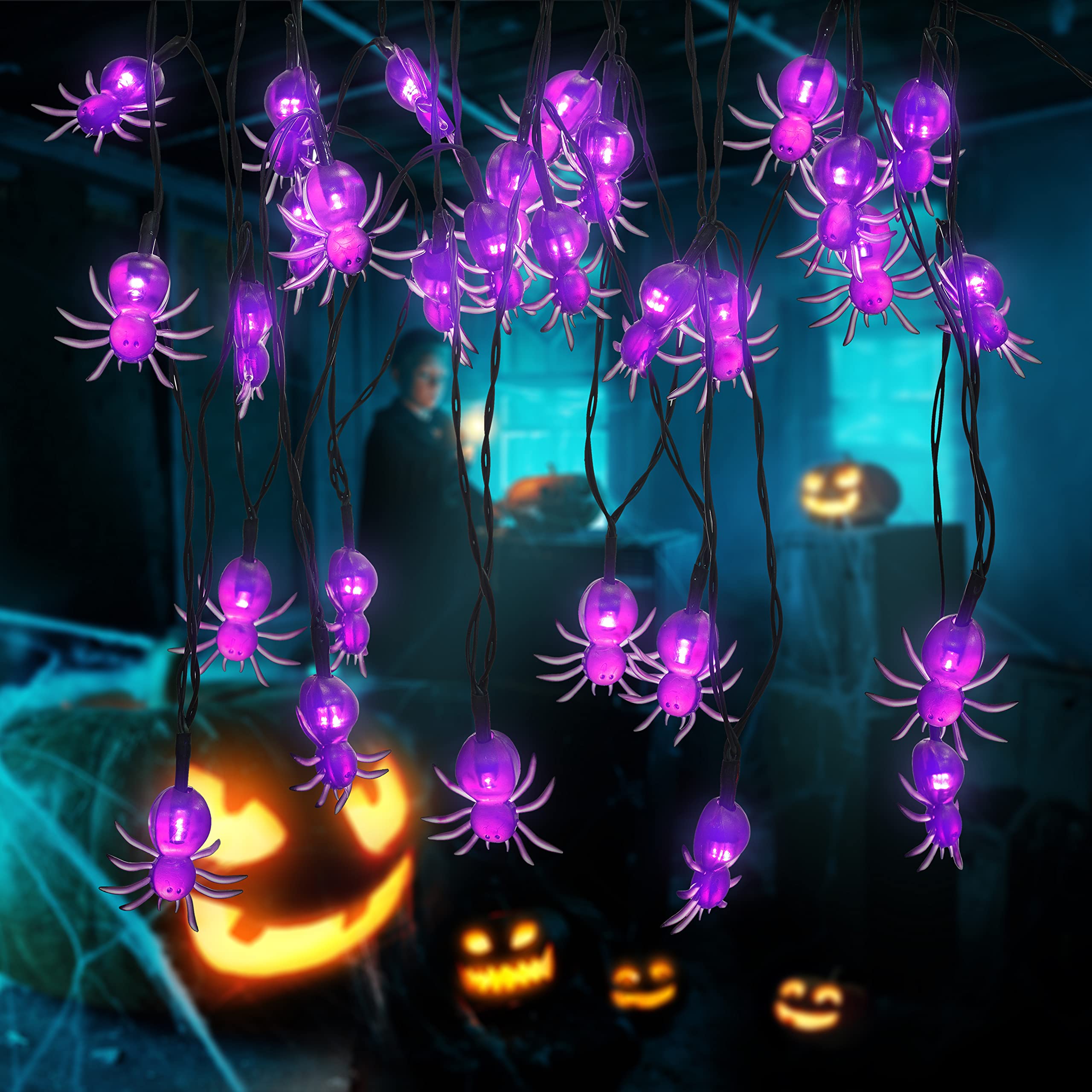 Oopswow Halloween Decor Spider String Lights, Solar String Light,2PACK 20ft 30 LED Outdoor Decorative Lights for Patio, Garden, 