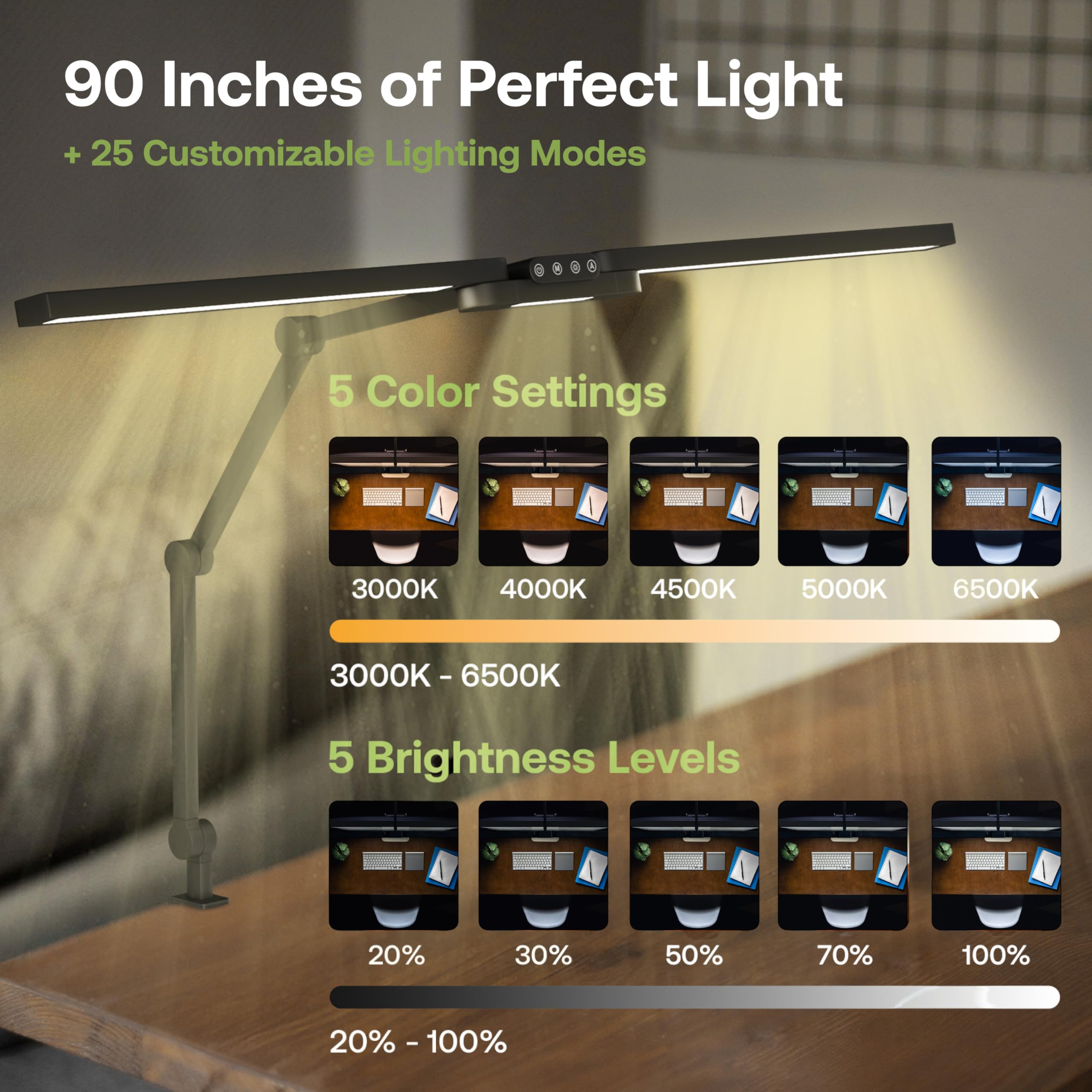 The Housery Led Desk Lamp - Modern Led Desk Lamp For Home Office W/Clamp, Architect-Style Adjustable Arms, Wide Monitor Light Ba