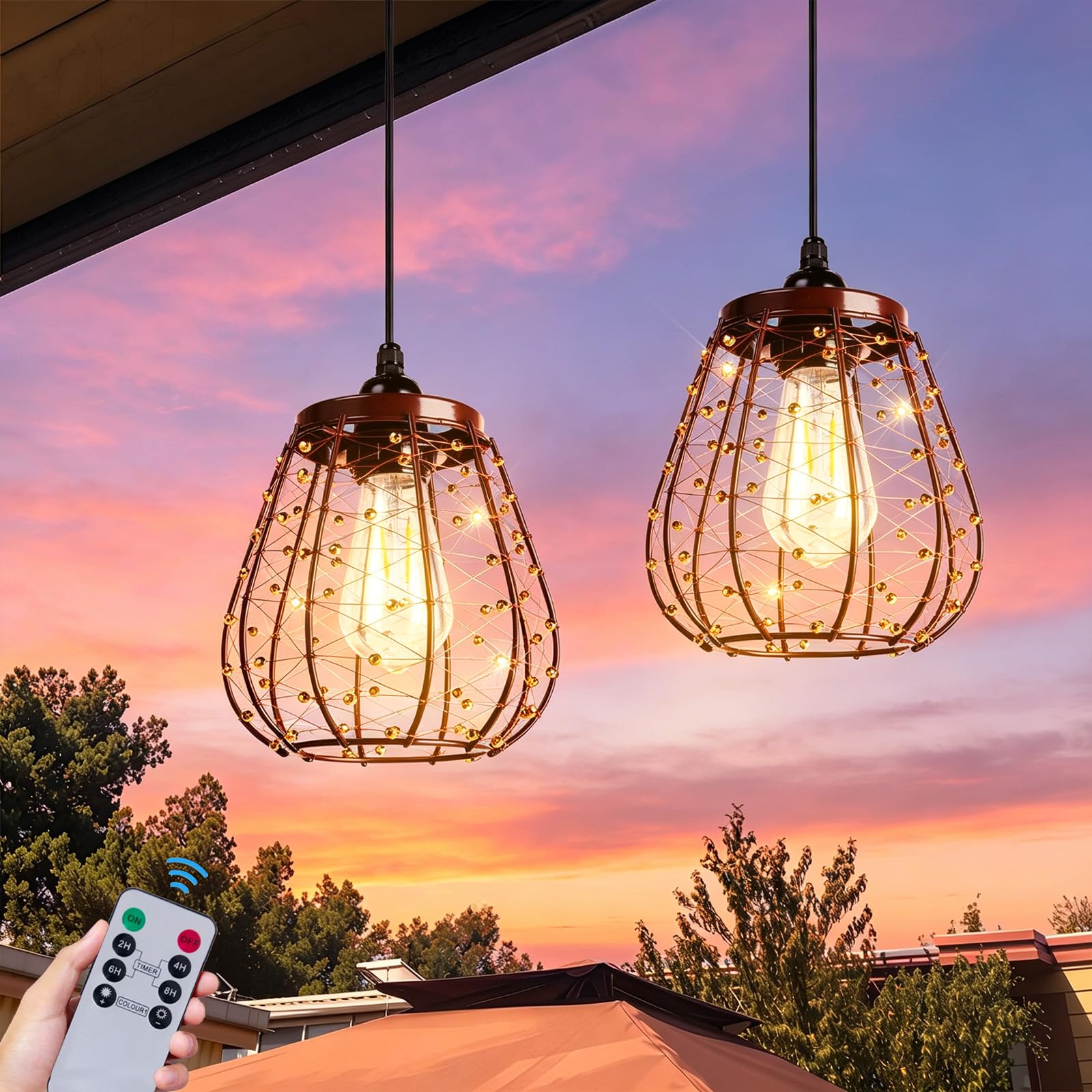 ALL FORTUNE Battery Operated Outdoor Chandelier, Battery Operated Hanging Pendant Lights Waterproof for Gazebo, Pergola, Porch, 