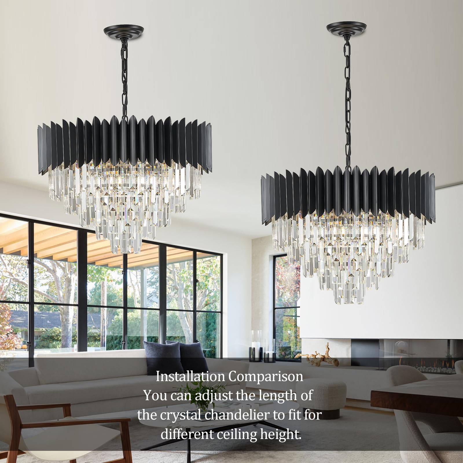Yolizuot Black Crystal Chandelier 24'' K9 Crystal Round Pendant Lights Adjustable 5-Tier Large Modern Crystal Chandelier Light 1