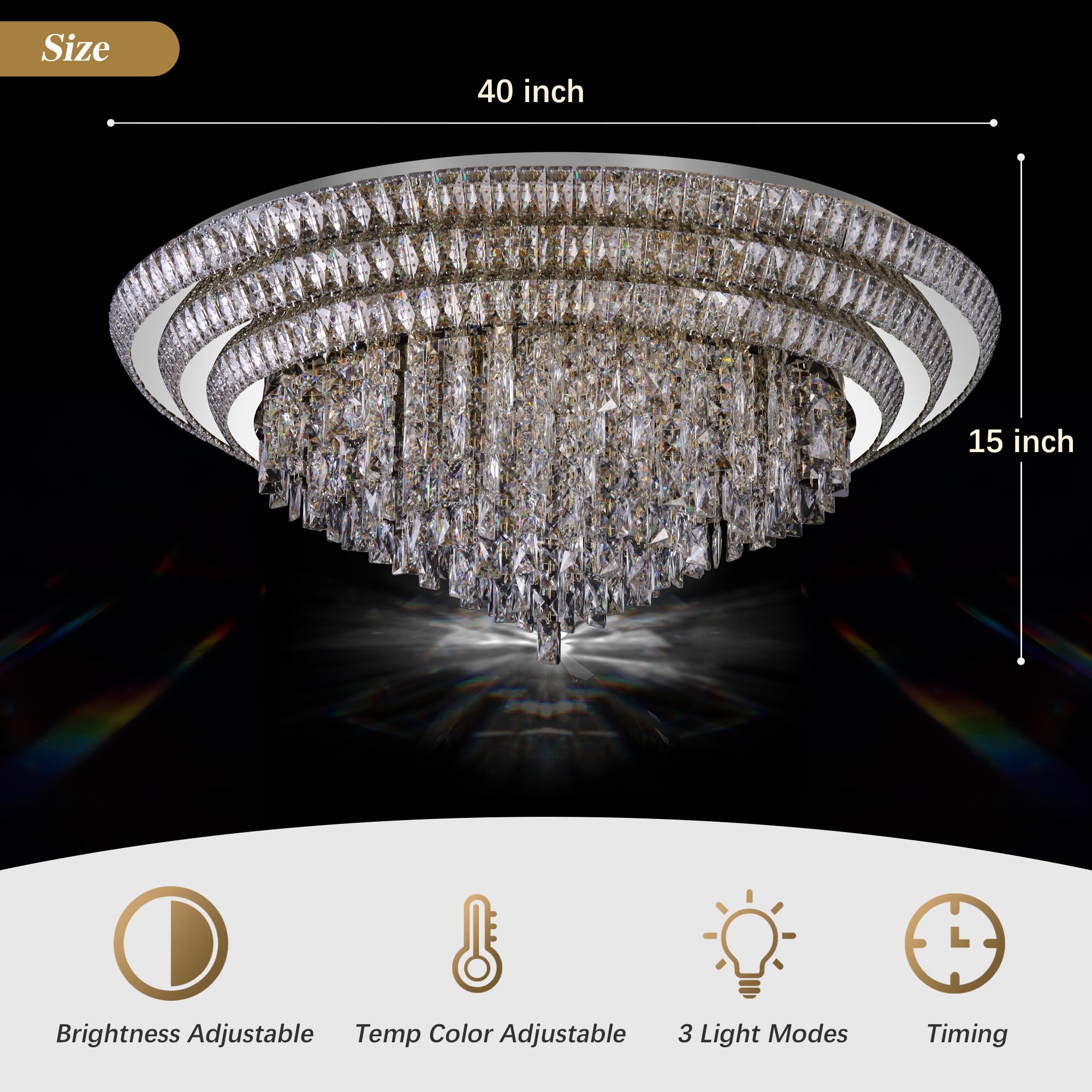 40 inch Crystal Silver Ceiling-Light Flush Mount with Remote Control and APP, 3CCT Dimmable & Brightness Adjustable, Modern Crys