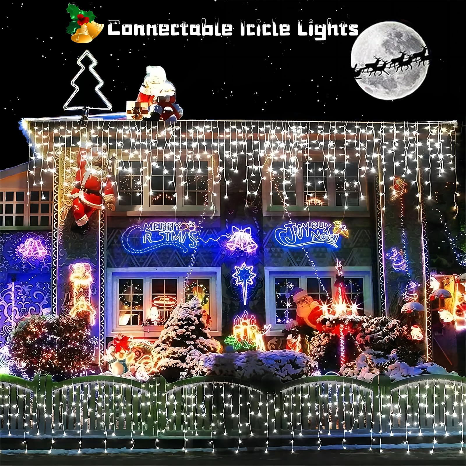 Yeguo 33Ft 400 Led Icicle Lights Outdoor, 80 Drops Icicle Christmas Lights Connectable, 8 Modes White Icicle String Lights With