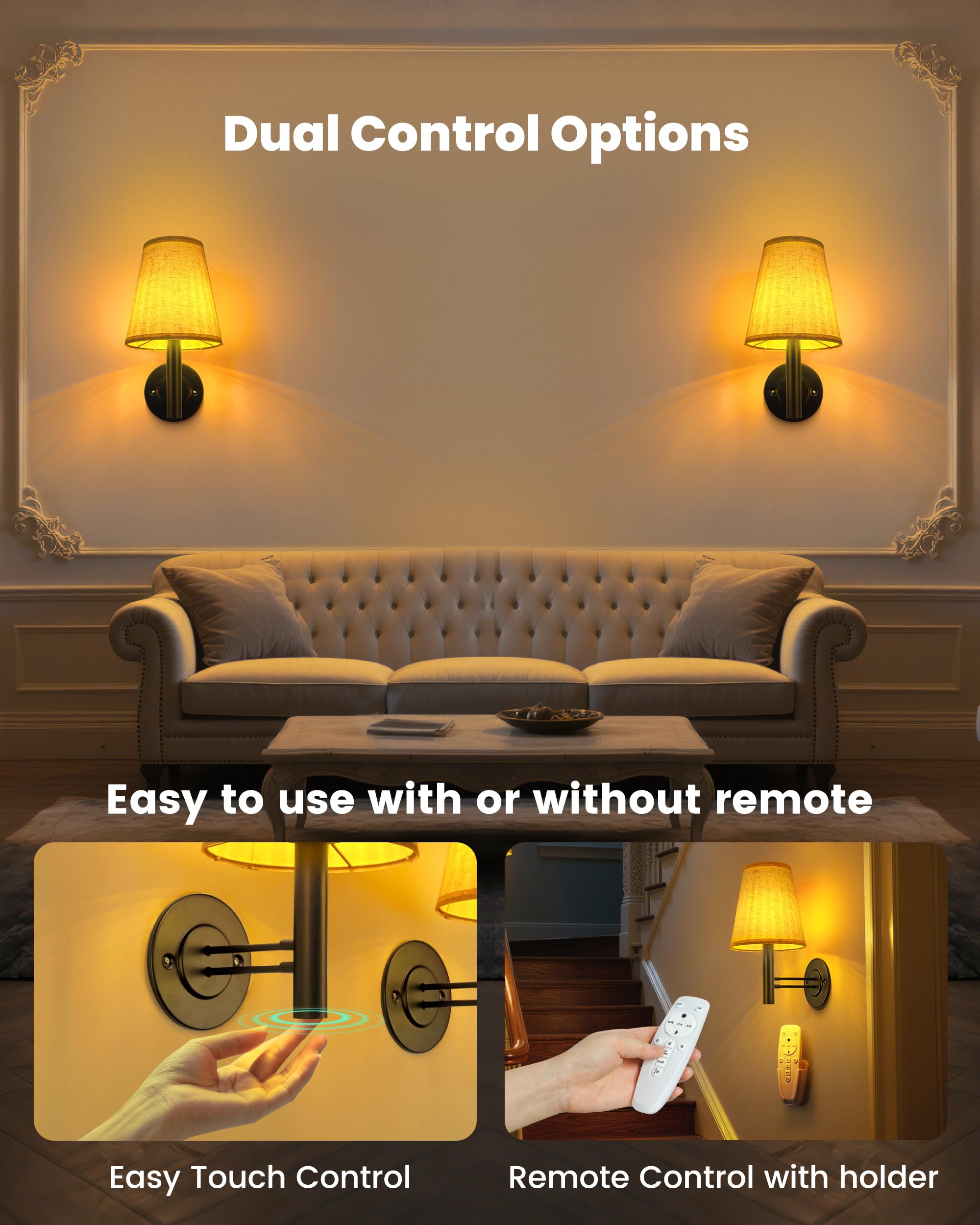 TECOMLIGHT Wireless LED Wall Sconce Set of 2, Rechargeable, Remote & Touch Control, Matte Black, Model TWS-002