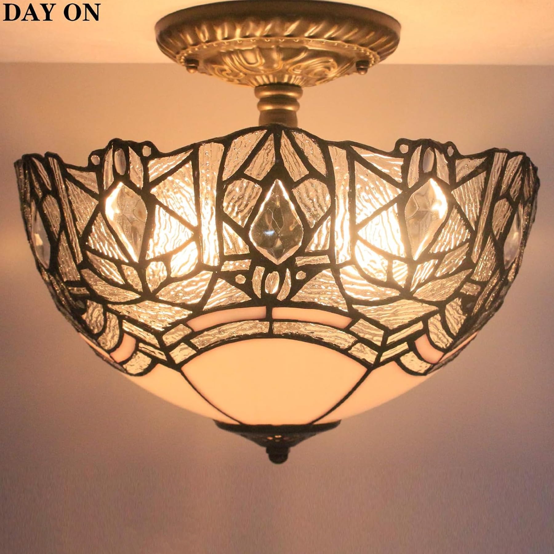 Werfactory Tiffany Ceiling Light Fixture, Crystal Bead, 12X11 Inch, White Stained Glass, Semi Flush Mount, S508W Series