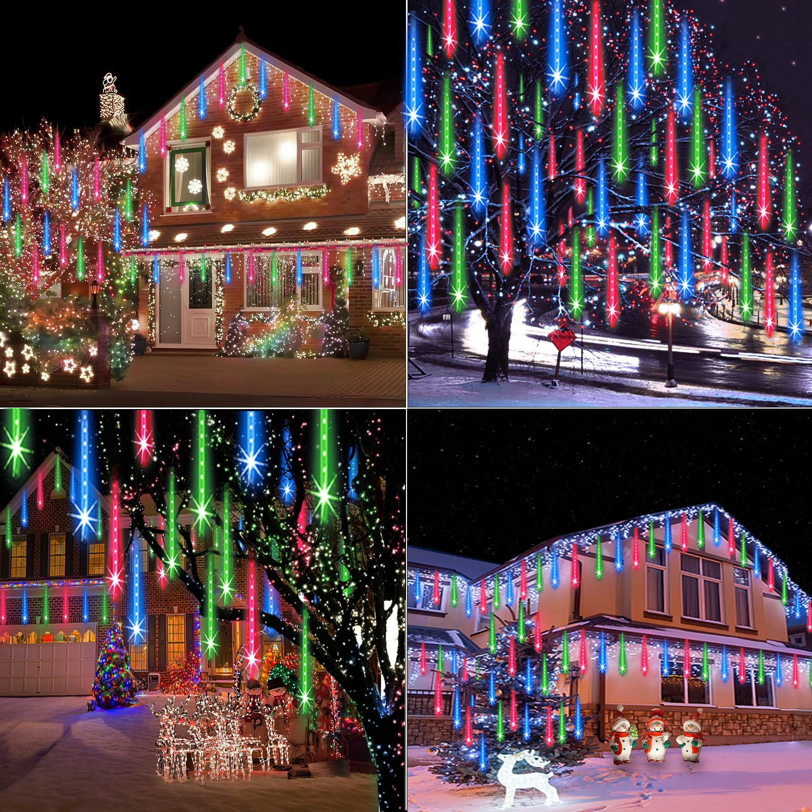 Zpqbeye Meteor Shower Lights Outdoor Christmas Lights 24-Tube 576Leds Snow Falling Rain Cascading Icicle Lights For Christmas Tree Decorations Wedding Party Holiday Garden Decor, Ul Plug Multi Color