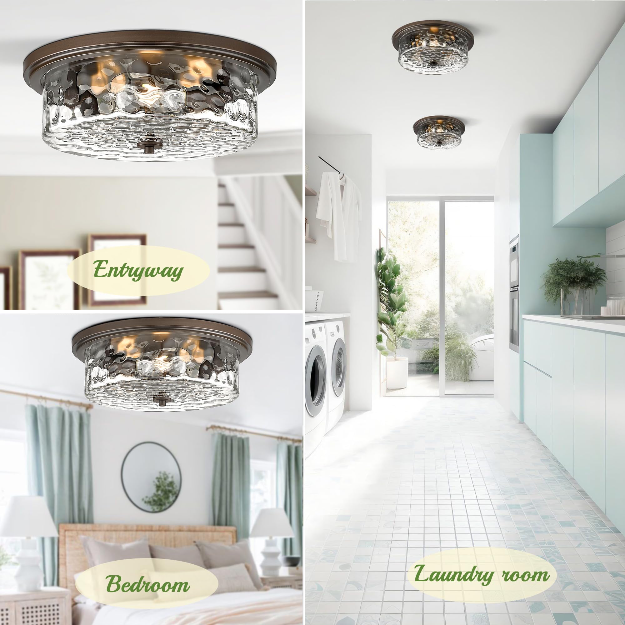 Odeums 16&quot; Oil-Rubbed Bronze Industrial Flush Mount Ceiling Light, 3-Light Hammered Glass Fixture