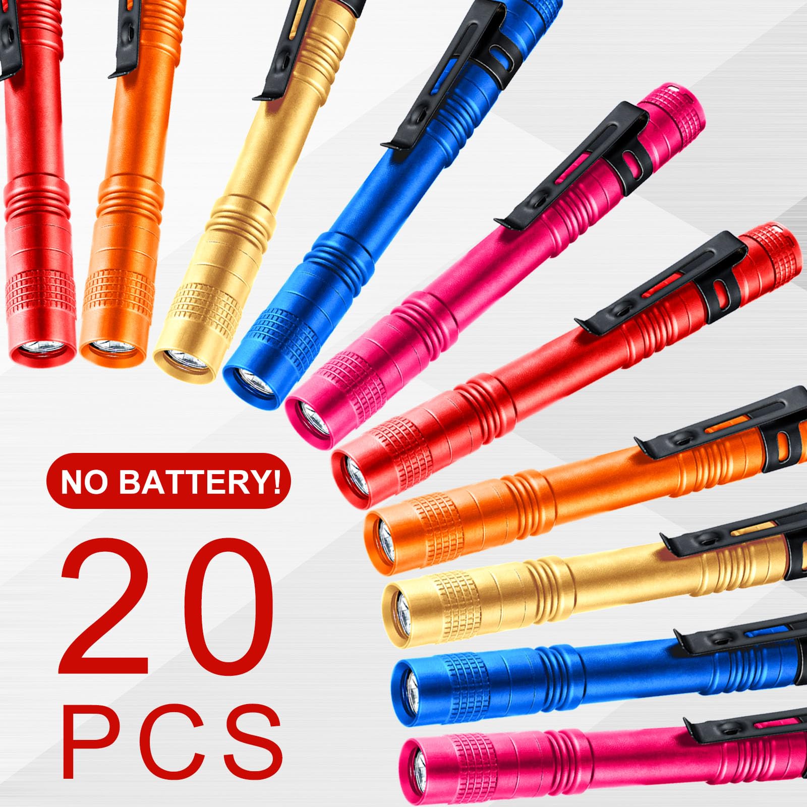 Hortsun Mini Pen Light Flashlights, 5.12 Inch, Aluminum, 20 Pcs, Pocket Size, LED, Colors: Red, Rose Pink, Yellow, Blue, Orange
