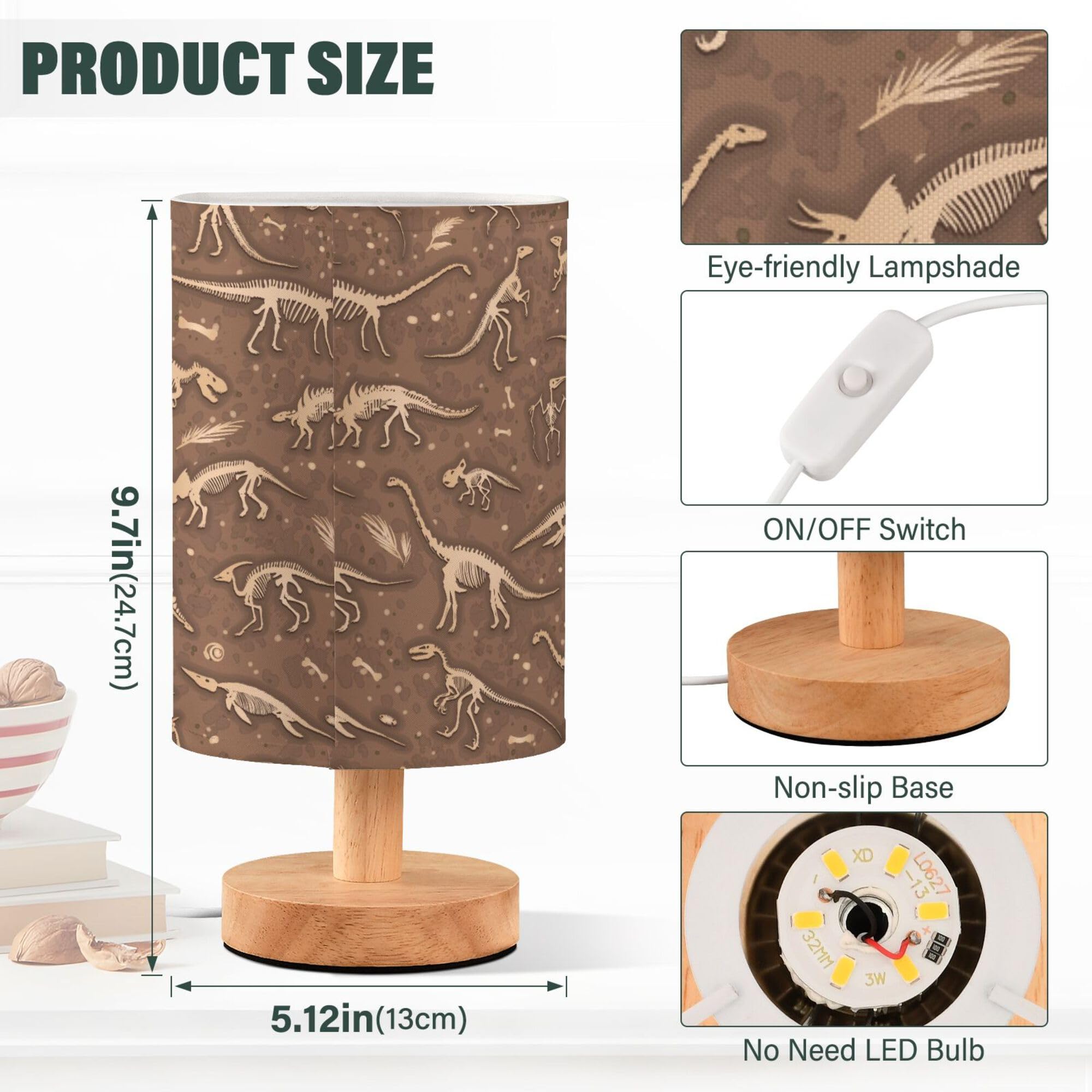 Yyzzh Table Lamp Dinosaur Fossil Dino Skeletons Pattern Nightstand Lamp With Wood Base Fabric Lamp Shade Bedside Desk Lamp For L