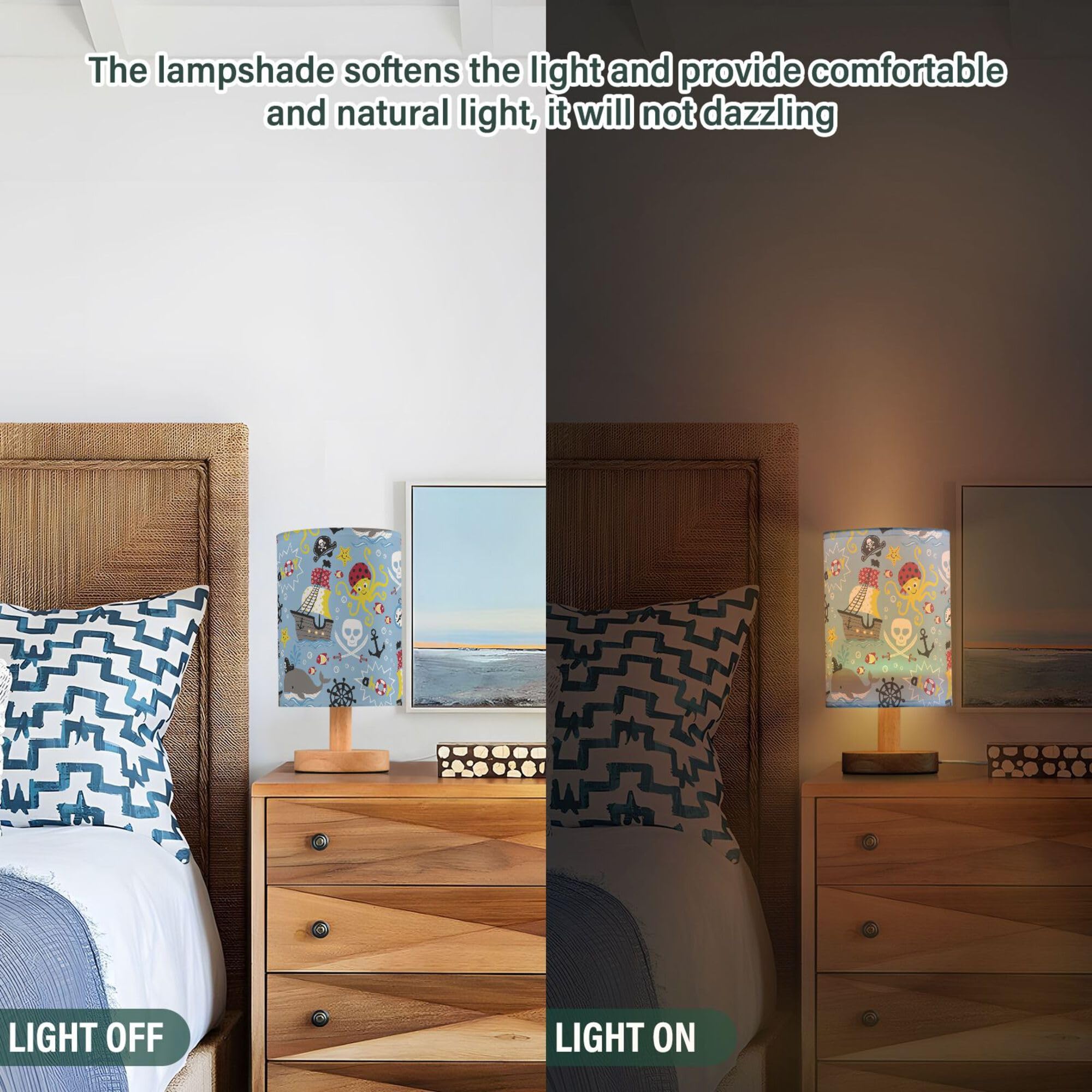 YYZZH Table Lamp Nautical Octopus Whale Design Multi-colored Fabric Shade Bedside Desk Lamp for Living Room Bedroom Office