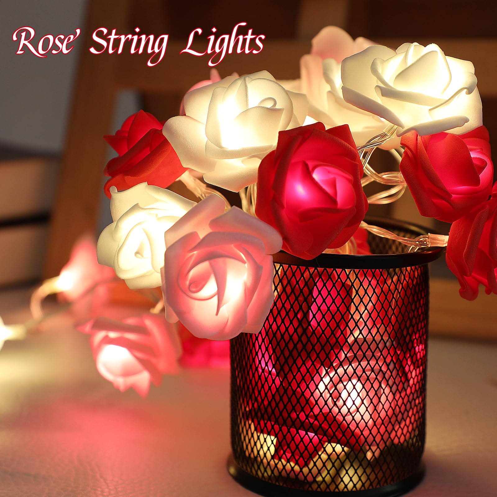 CCINEE 9.8Ft LED Rose Flower String Lights?30 LED Red White Pink Flower Fairy String Lights Battery Operated Flowers Garland Lig