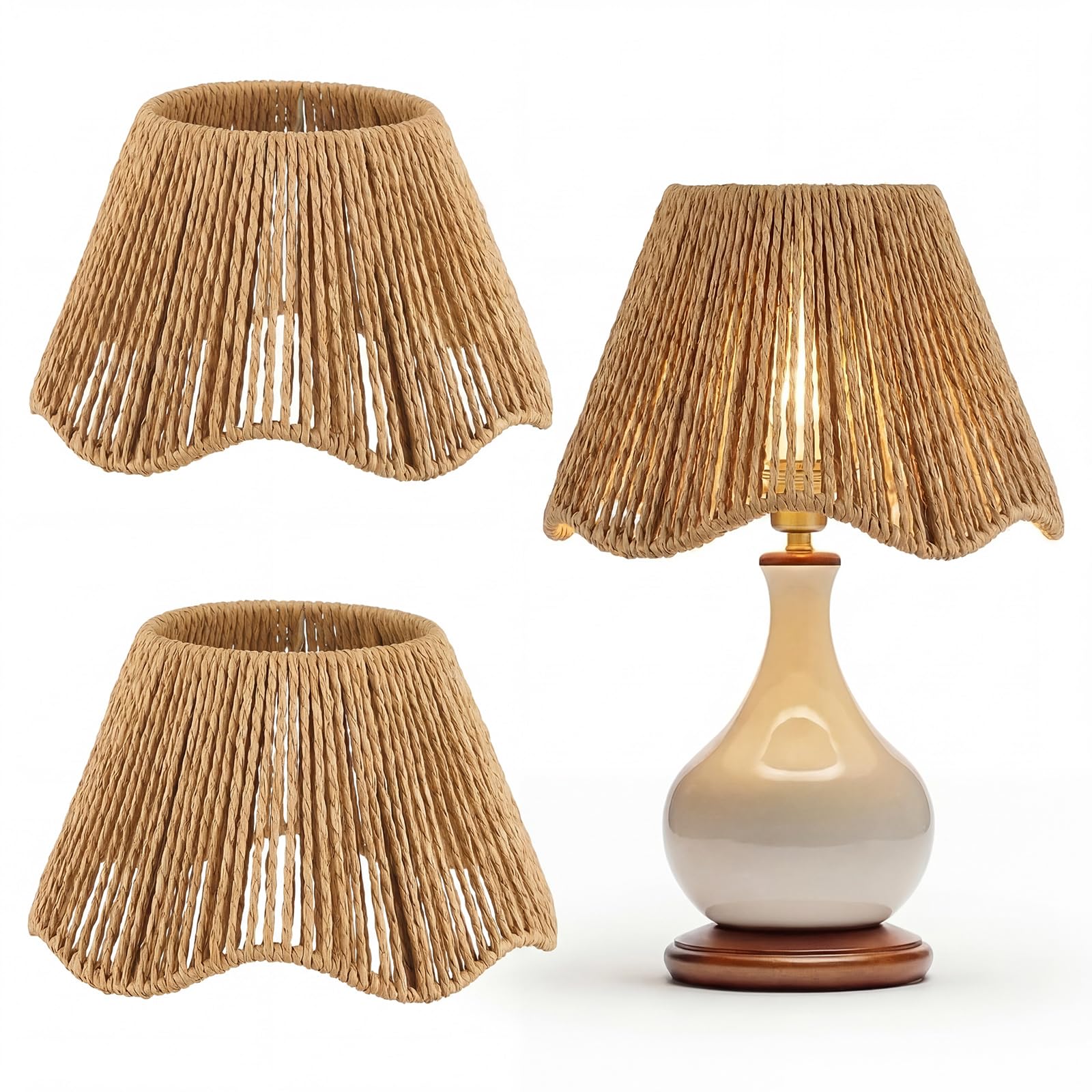 VIHOSE 2 Pack Rattan Lampshade Boho Vertical Striped Rattan Lampshade Replacement with Petal Edges for Table Chandelier Wall Lam