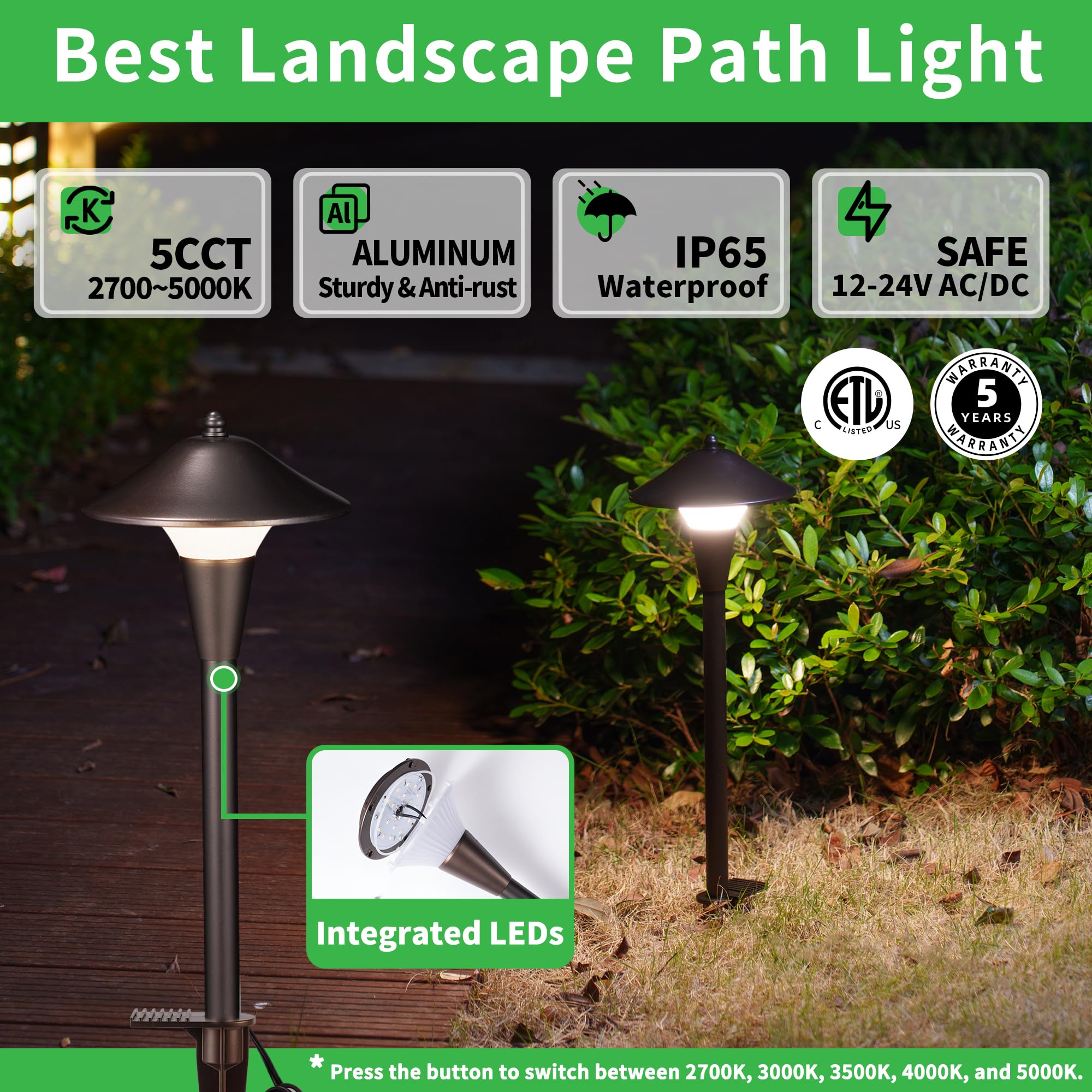 Varmtalys Outdoor Low Voltage Pathway Light - 5Cct Adjustable Walkway Lights Led, 12V Landscaping Pathlights, Mushroom Shape Dri