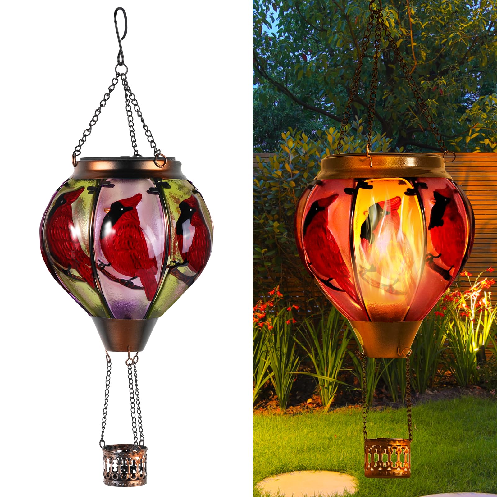 Cardinal Bird Hot Air Balloon Solar Lantern Lights, Solar Hot Air Balloon Flickering Flame Hanging Garden Light Candle Led Glass & Metal Outdoor Waterproof Lanterns Porch Yard Decor, Gift For Mom