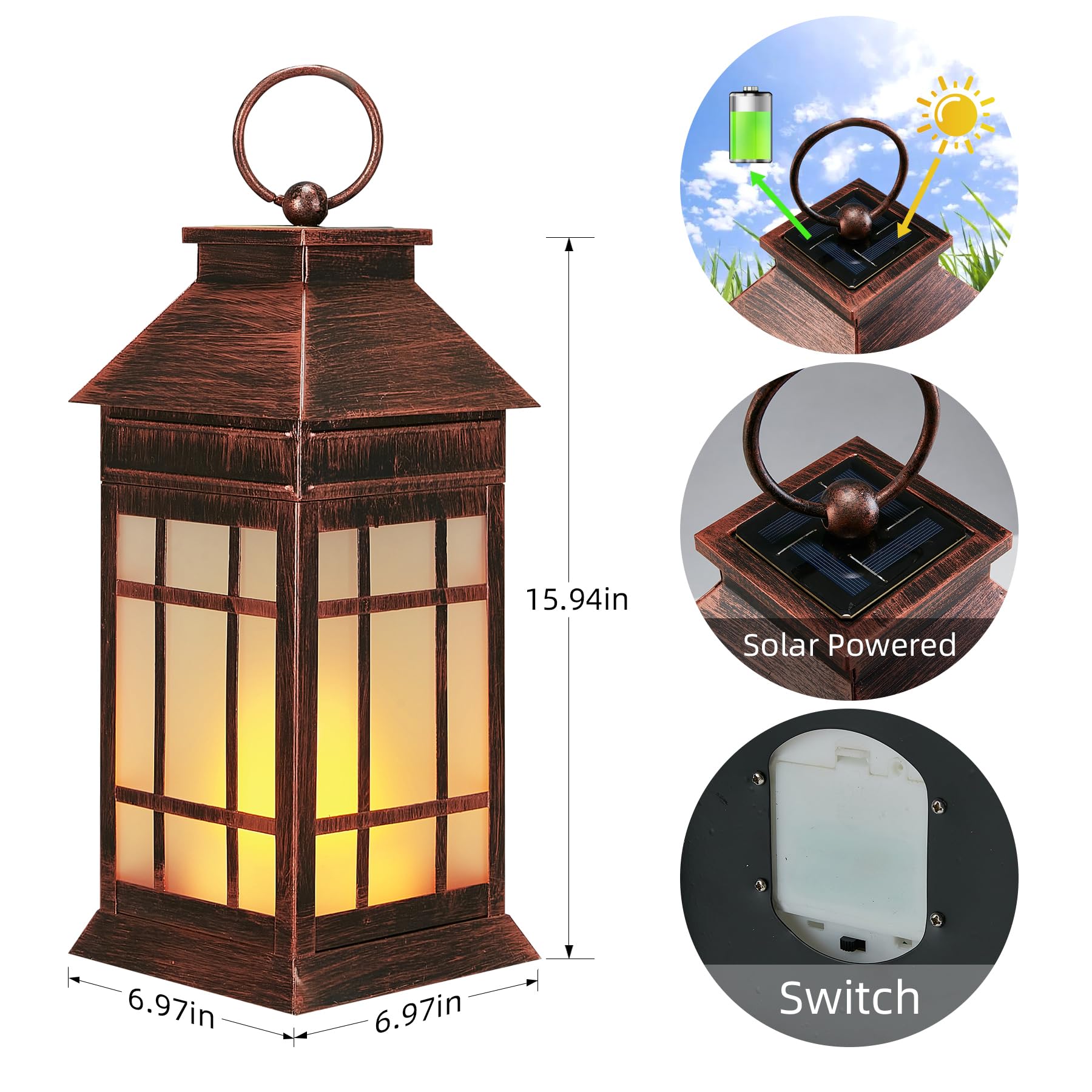 anyperfect Solar Lantern - 18" Waterproof Glass with Flickering Flame - Vintage Copper - Outdoor Decorative for Patio & Garden - Model DL01B