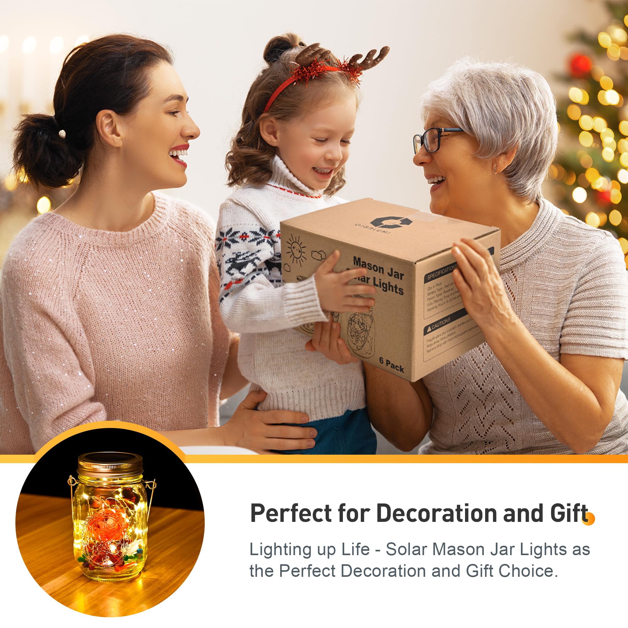 Gigalumi Hanging Mason Jar Solar Lights, 6 Pack 30 Led Tinplate Lids Hanging Solar Lanterns Outdoor Waterproof, Hangers And Jars
