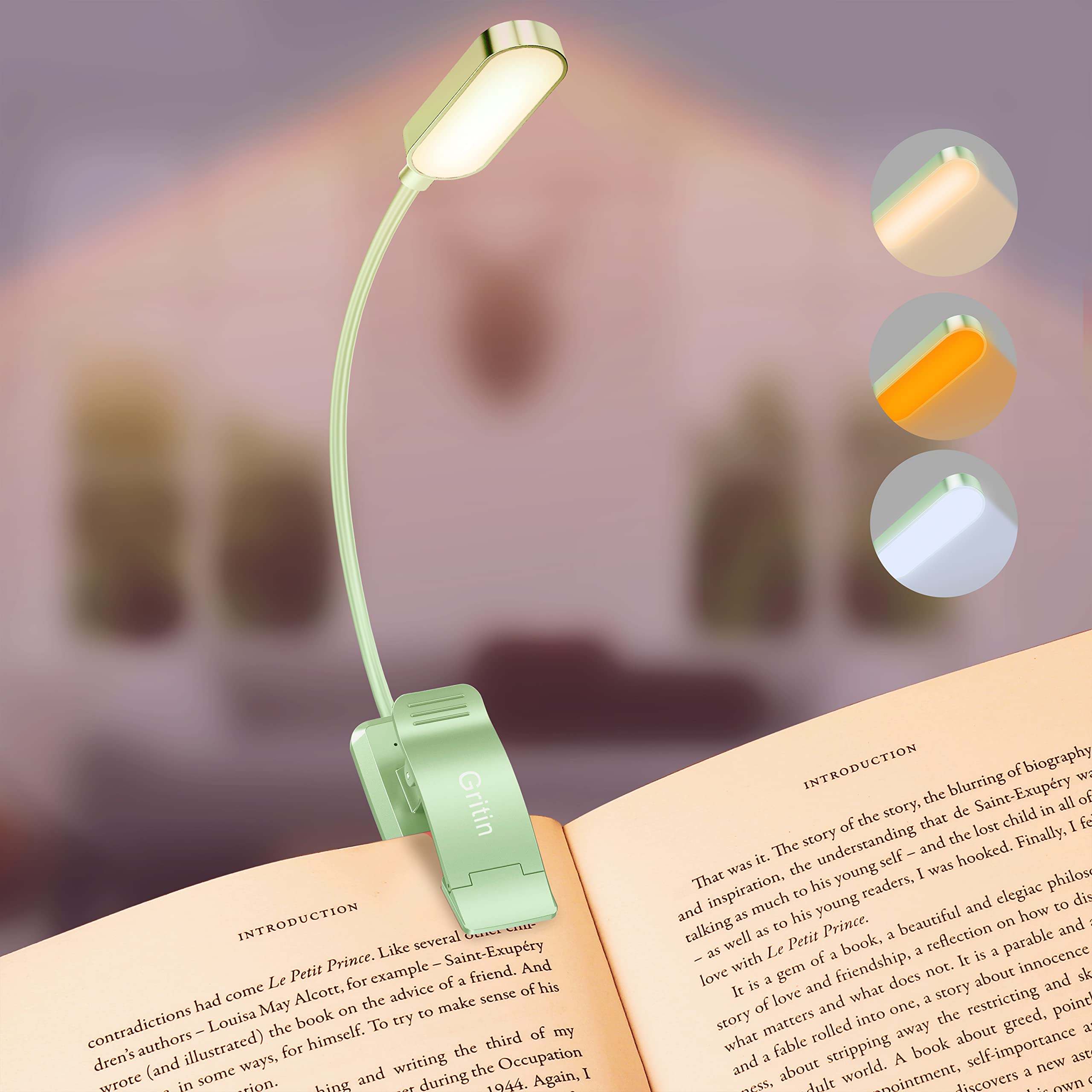 Gritin 16 Led Rechargeable Book Light For Reading In Bed- Eye Caring 3 Color Temperatures, Stepless Dimming Brightness, 80 Hrs R