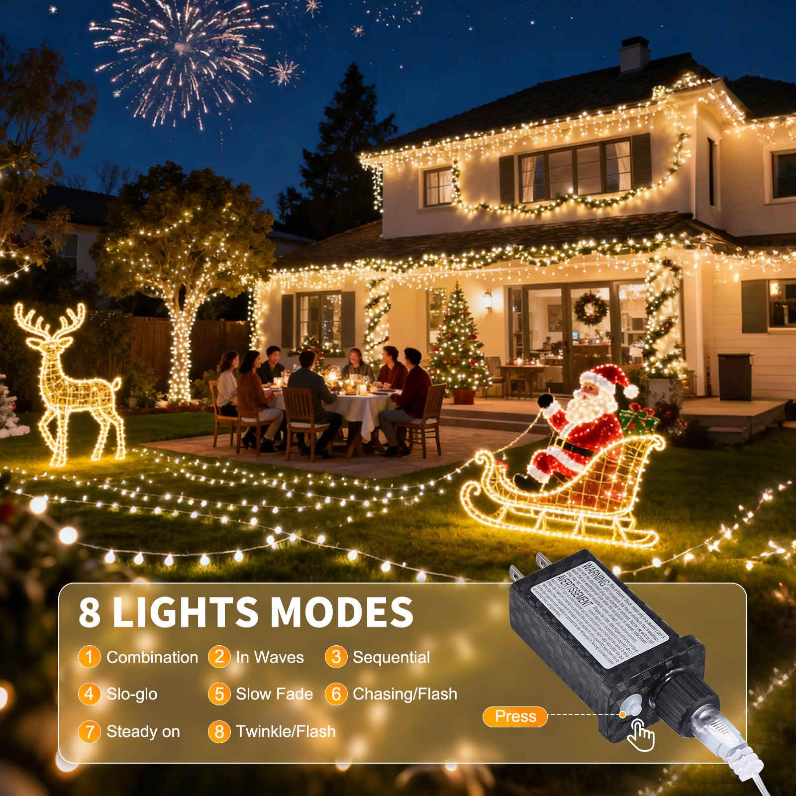 LUMLLSAJI Christmas Lights 300 LED White String Light 98 ft 8 Modes Plug-in with Memory Function for Outdoor Decorations