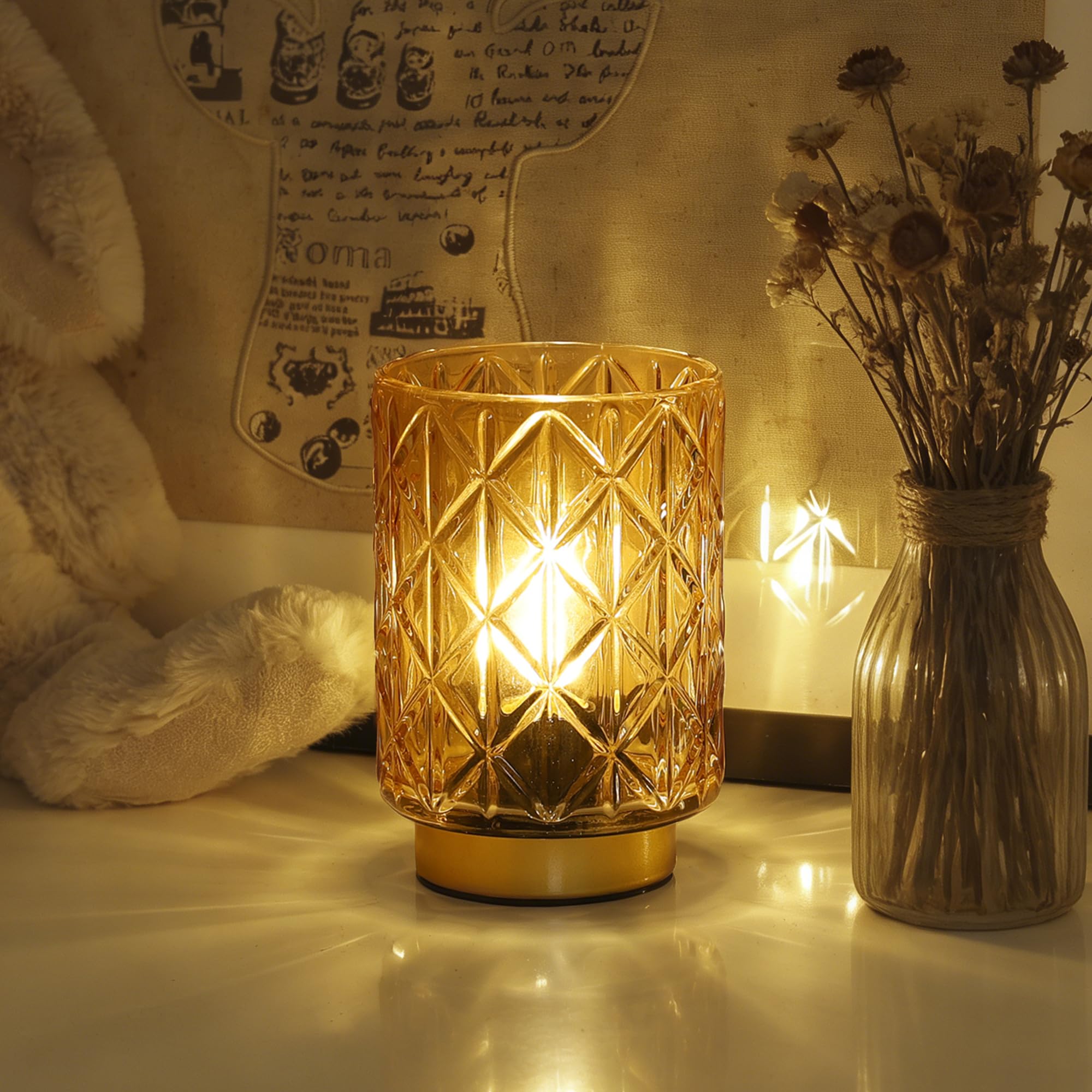ULAROOM Battery Operated Table Lamp with Timer for Bookshelf/Bedside,Cordless Small Cozy Ambience Decorative Glass Lamps for Nig