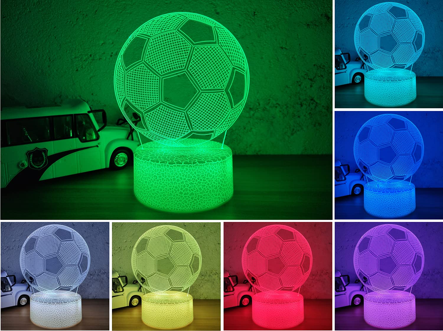 I-Chony Soccer Gifts Night Light For Kids,Soccer 3D Illusion Lamp 16 Colors Dimmable Bedroom Decor Bedside Lamp,With Remote & Sm