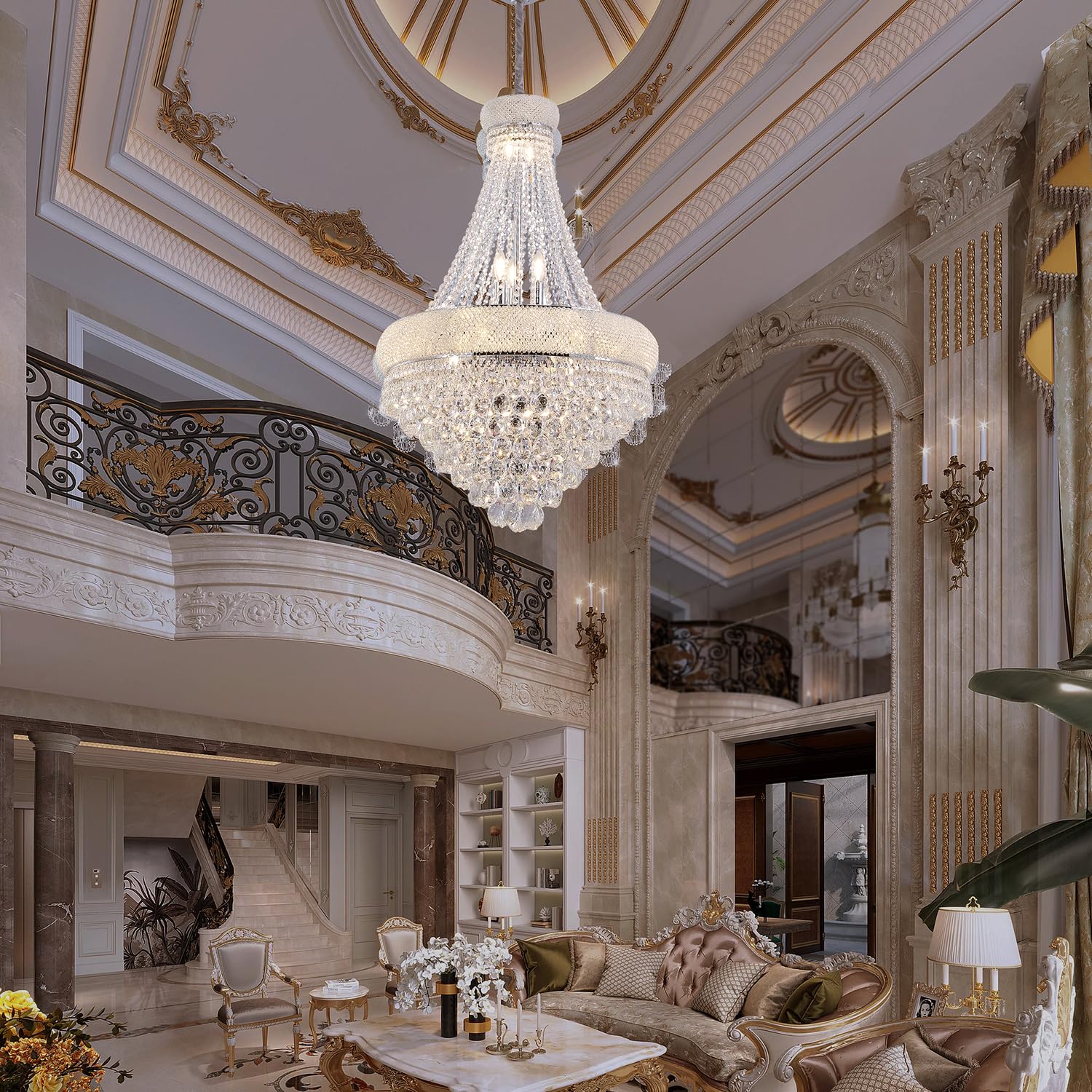 ORE International 36in K9 Crystal Chandelier - 14 LED Bulbs, Hardwired Ceiling Light for Living Room, Hallway, Dining Room
