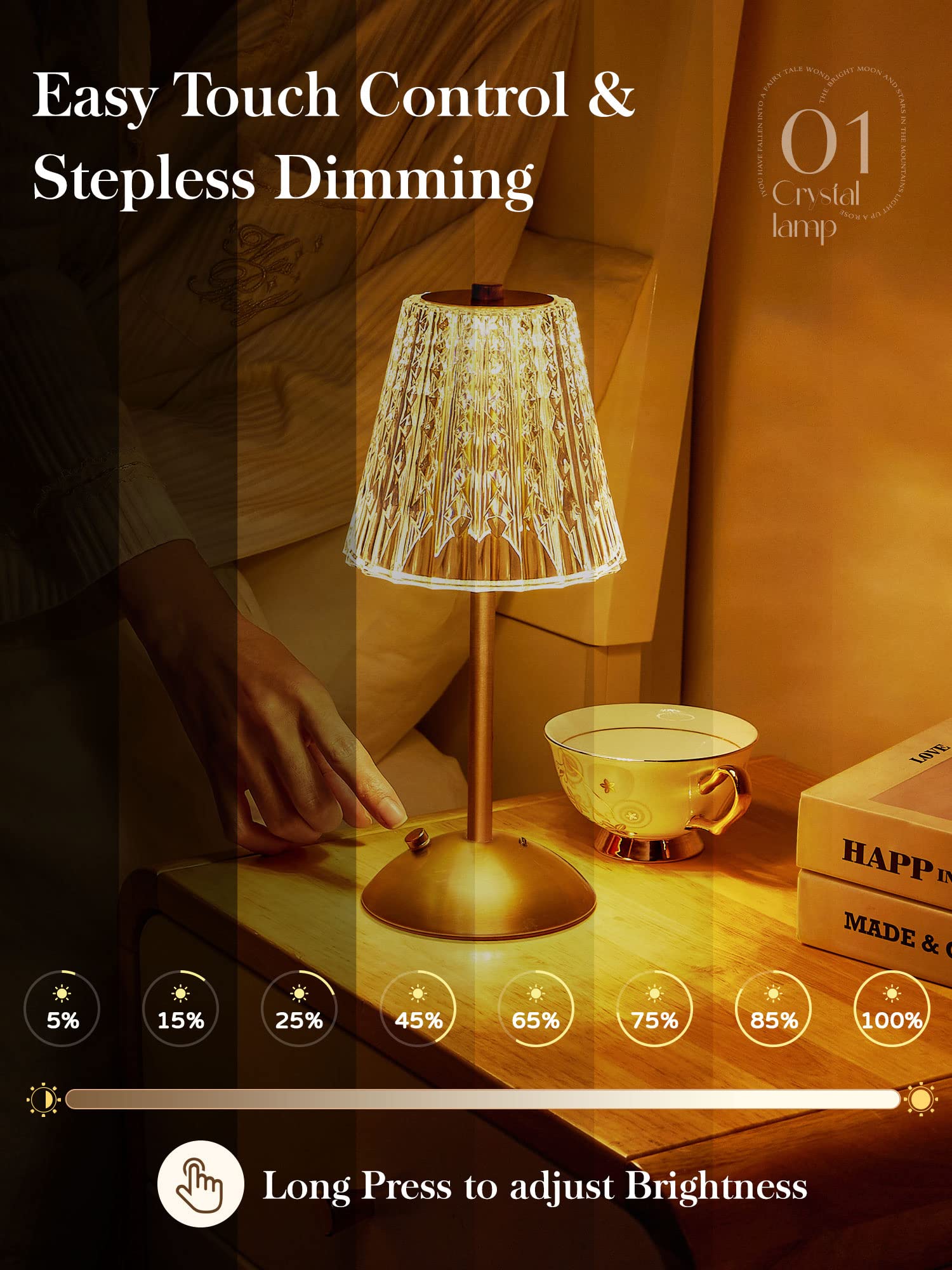 Cordless Lamp, 2000Mah Rechargeable Lamp, Dimmable+3 Colors Touch Lamp Small Lamp, Battery Operated Lamp Cordless Table Lamp, Cr