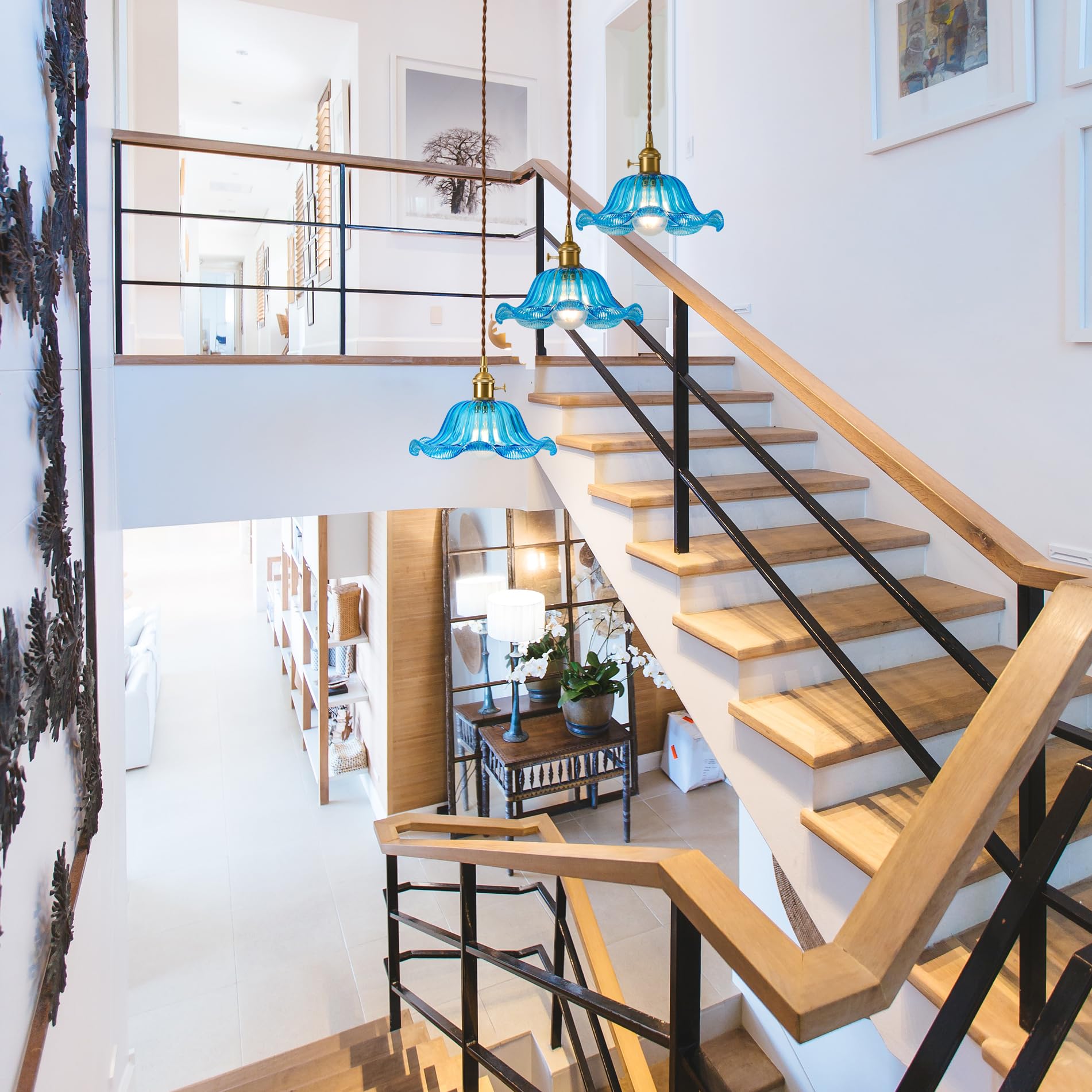 Curreyfols Vintage Small Chandelier Glass Pendant Light Fixture,Mini Blue Hanging Light,Farmhouse Modern Pendant Light Over Sink