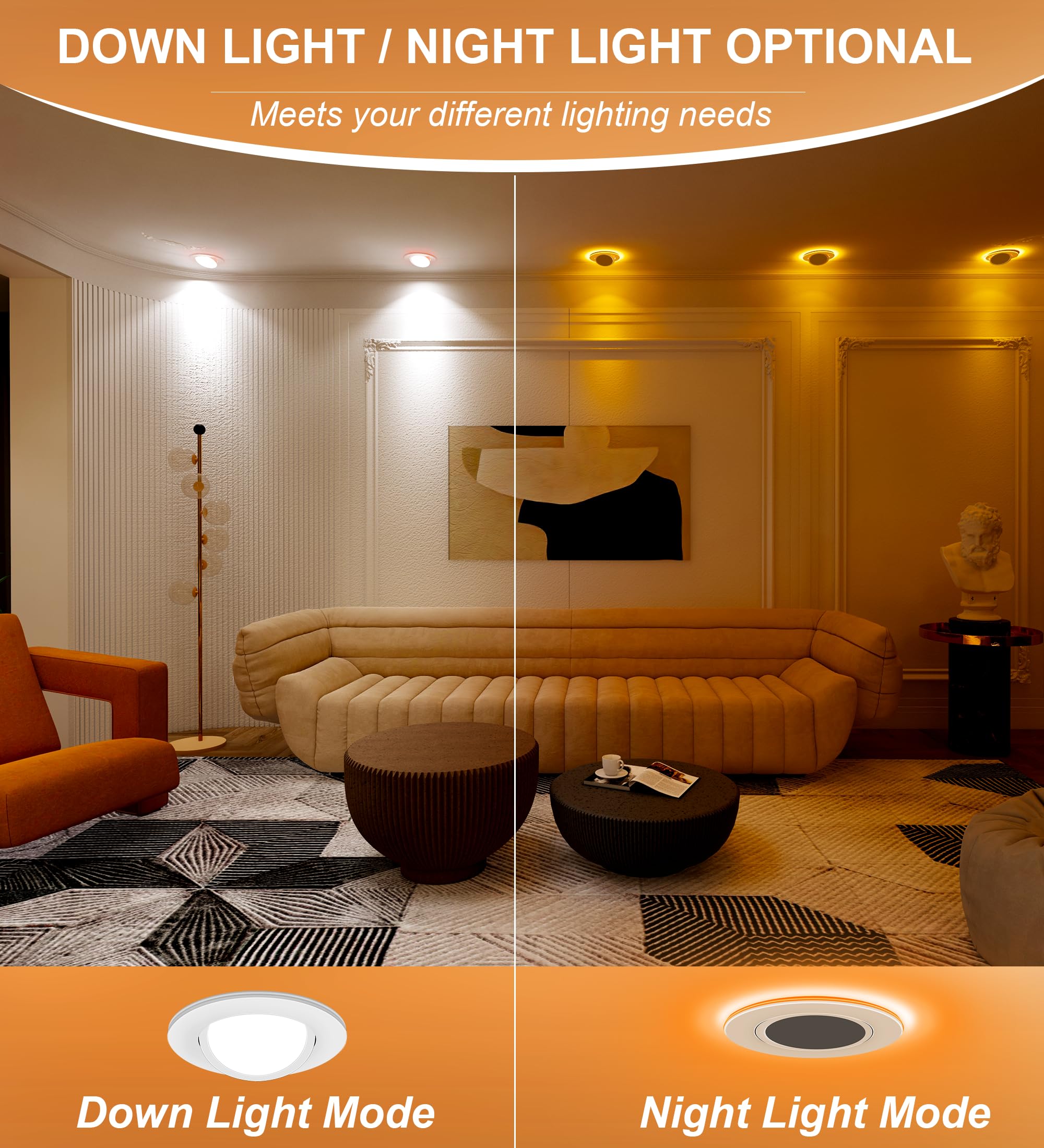 CLOUDY BAY 6 Inch 5 Color Swivel LED Gimbal Recessed Light, 12W, 950LM, Adjustable Canless Downlight, White Finish, Model LJD006