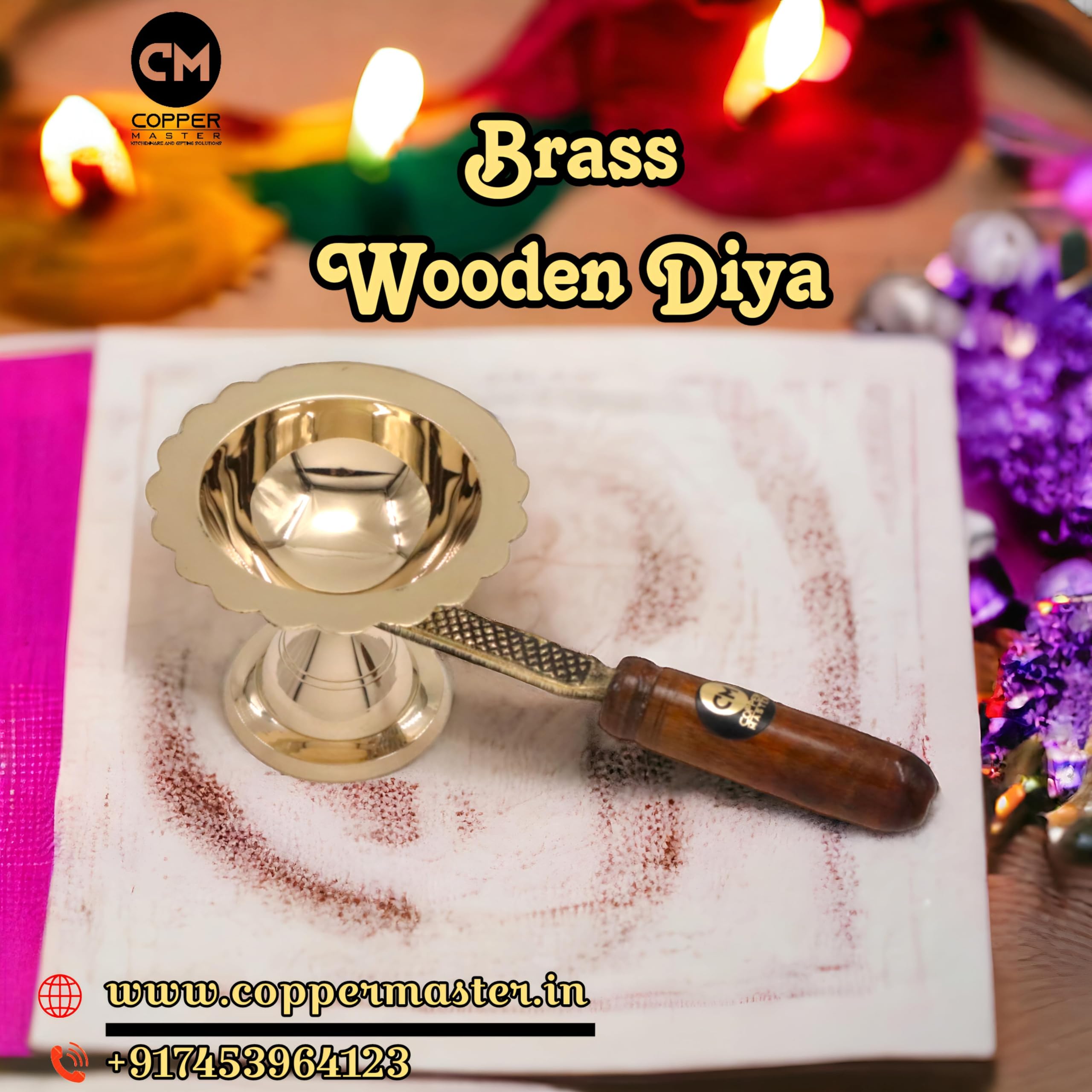 Copper-Master Pure Brass & Wooden handle Pooja Dhoop Akhand Diya Brass Puja Dia