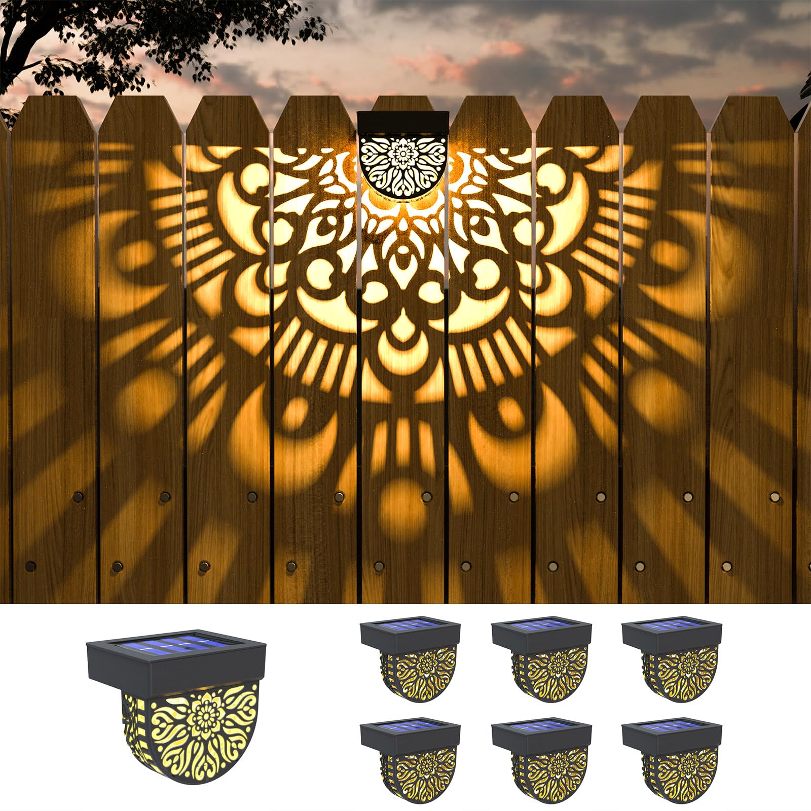 Ekq 6 Pack Solar Fence Lights Solar Outdoor Wall Lights Plastic Solar Powered Deck Step Stair Lights Moon Theme Waterproof Fence Solar Light For Garden Post Patio Backyard Yard Decor (Black, 6 Pack)