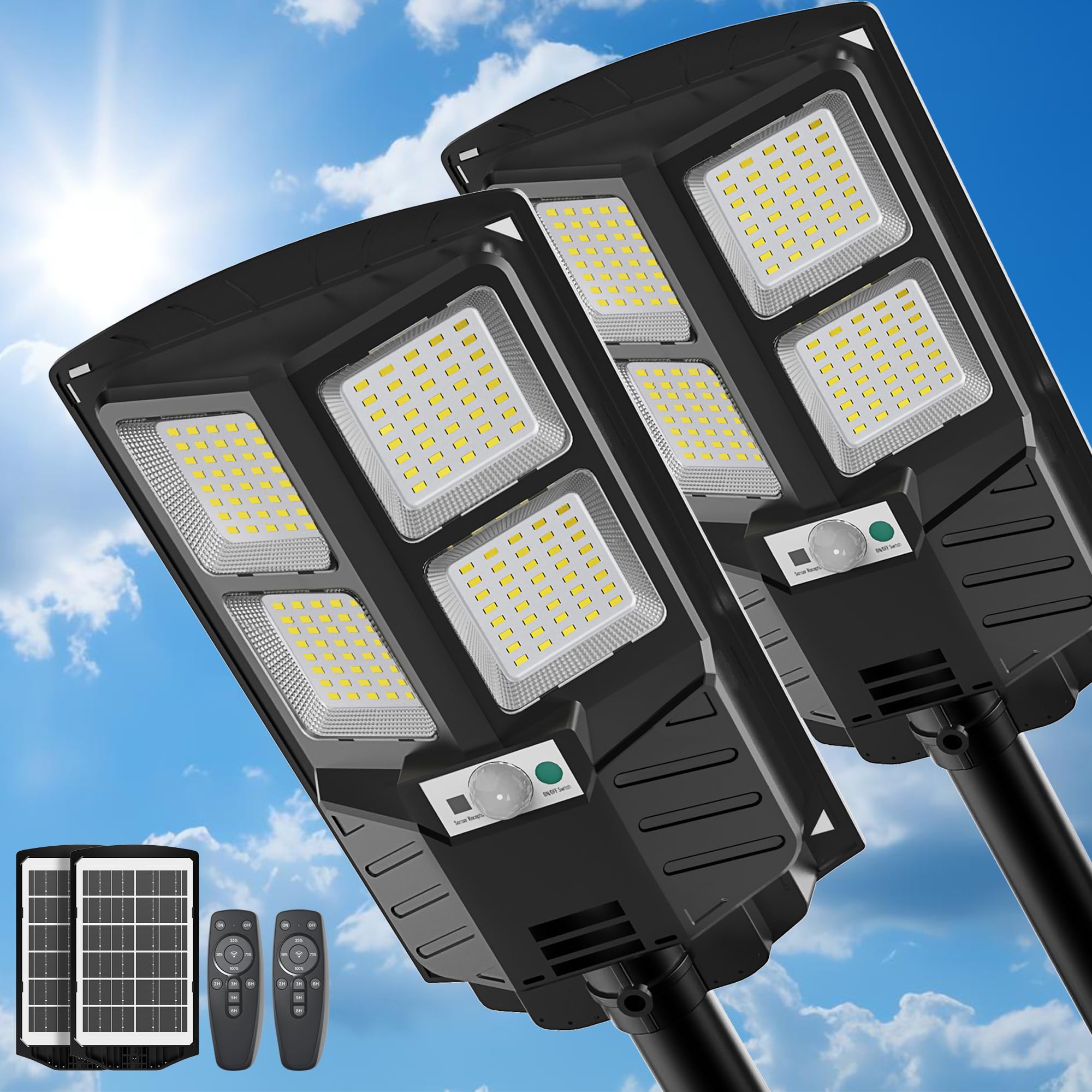 RKLAMPTECH Solar Street Light, 6500K Dusk to Dawn, IP66 Waterproof, Motion Sensor, 400W, Black, Model RK-parent-0310, 1 Pack