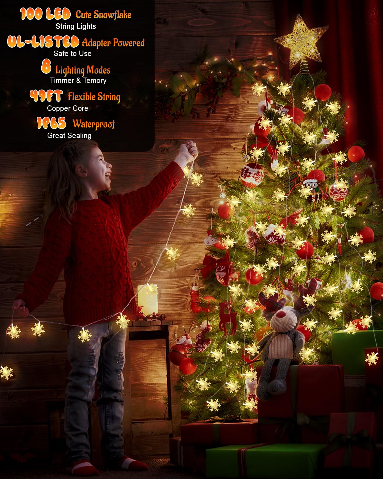 Christmas Snowflake String Lights Outdoor, 100 Led 49Ft Icicle Lights Waterproof With 8 Modes Timer Xmas Decorations, Plug In Fairy Lights For Curtain, Eaves, Window, Tree, Garden, Yard- Warm White