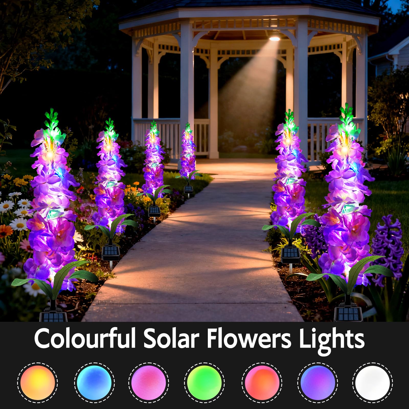 Mrhephaestus Solar Garden Lights  Solar Purple Delphinium Flowers Lights 4 Pack 80 Leds  Waterproof Outdoor Light Two Lighting Modes For Outside Wedding Party Garden Yard Patio Lawn Decor