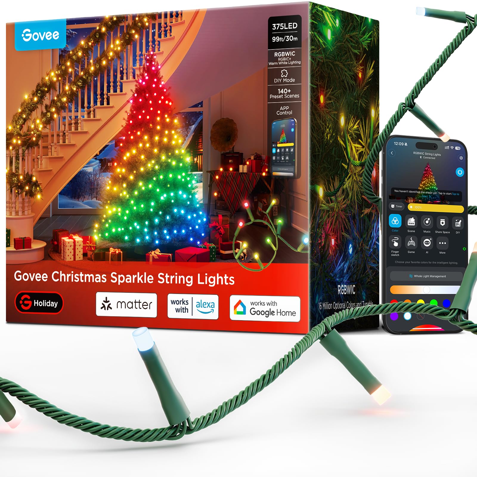 Govee Christmas Sparkle String Lights, 99ft, RGBWIC, 375 LEDs, App-Controlled, Music Sync, Multicolor, Model H6871