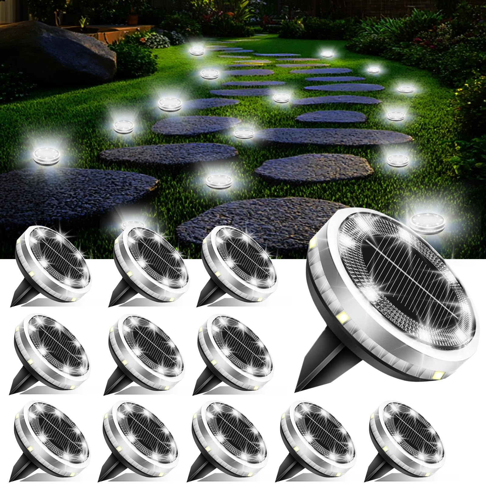Solar Ground Lights Outdoor 12 Pack Waterproof Upgraded Flat Solar Garden Lights with 4 Side Light Stainless Steel Solar Powered