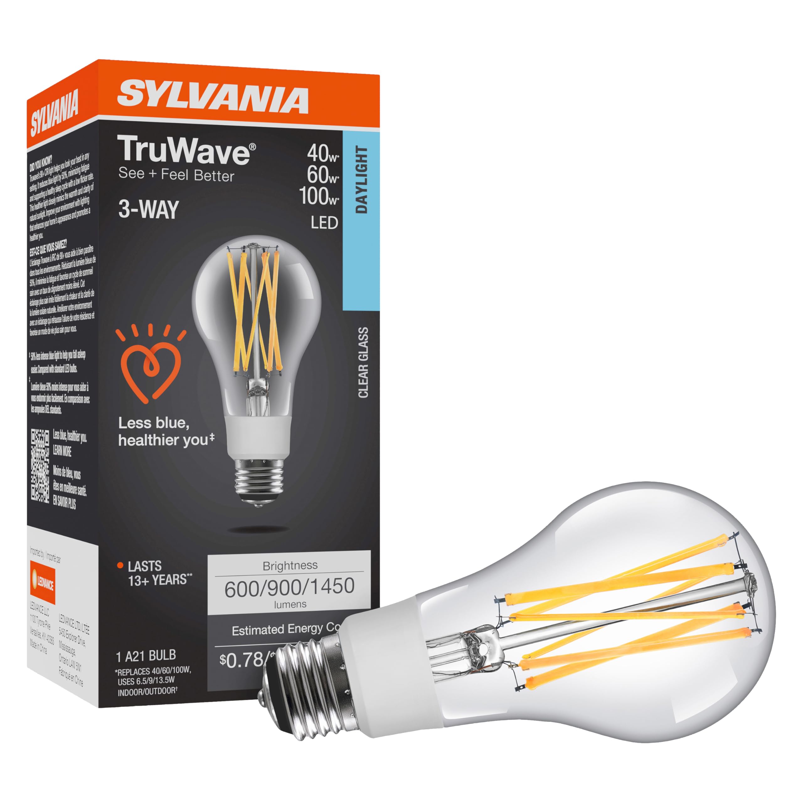 Sylvania Led Truwave Natural Series 3-Way A21 Light Bulb, 40/60/100W Equivalent Efficient 6.5/9/13W, Medium Base, Clear 5000K, 6