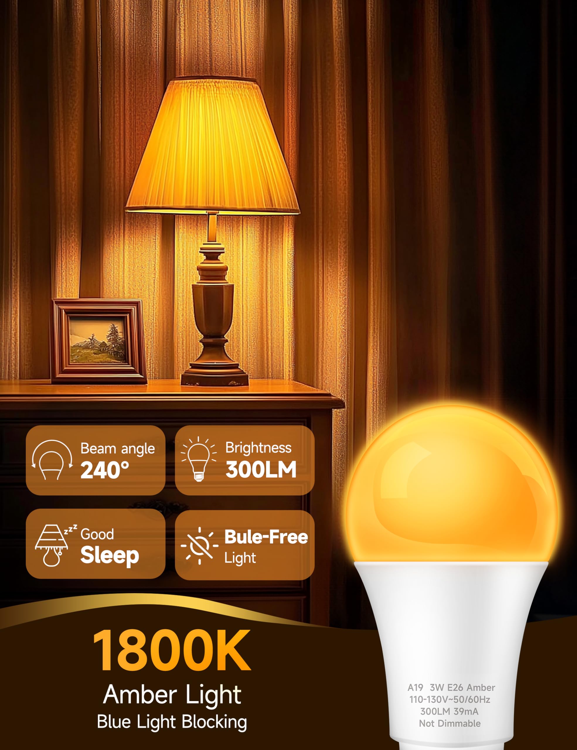 UNILAMP Sleep Aid Light Bulb, 3W Amber 1800K, Blue Light Blocking, E26 A19, 2 Pack, Mood Soothing Light for Bedroom & Nursery