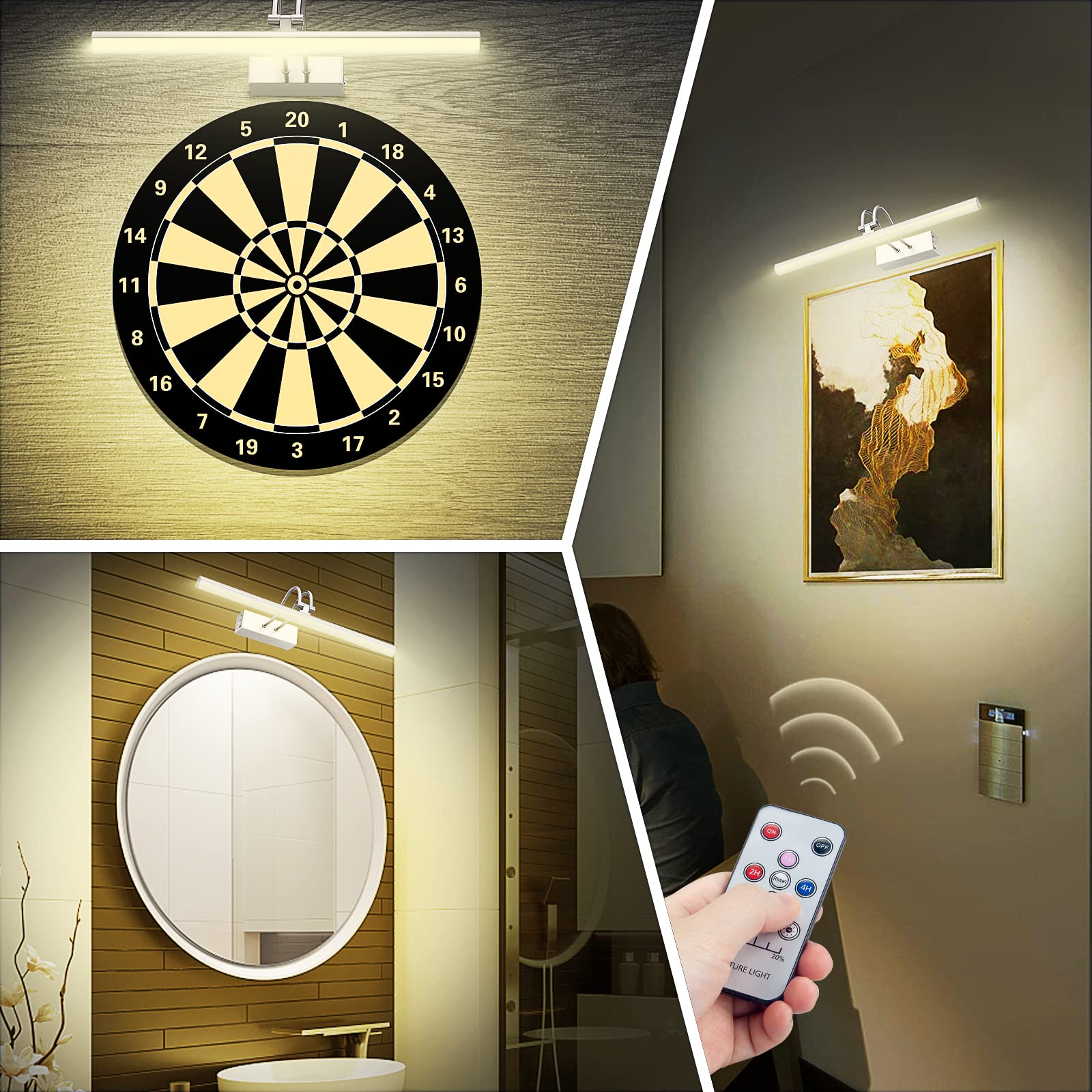 Raifoolly 16In Battery Operated Picture Light, Dimmable Metal Art Light, Remote Control, Nickel Finish, Model Rf00123