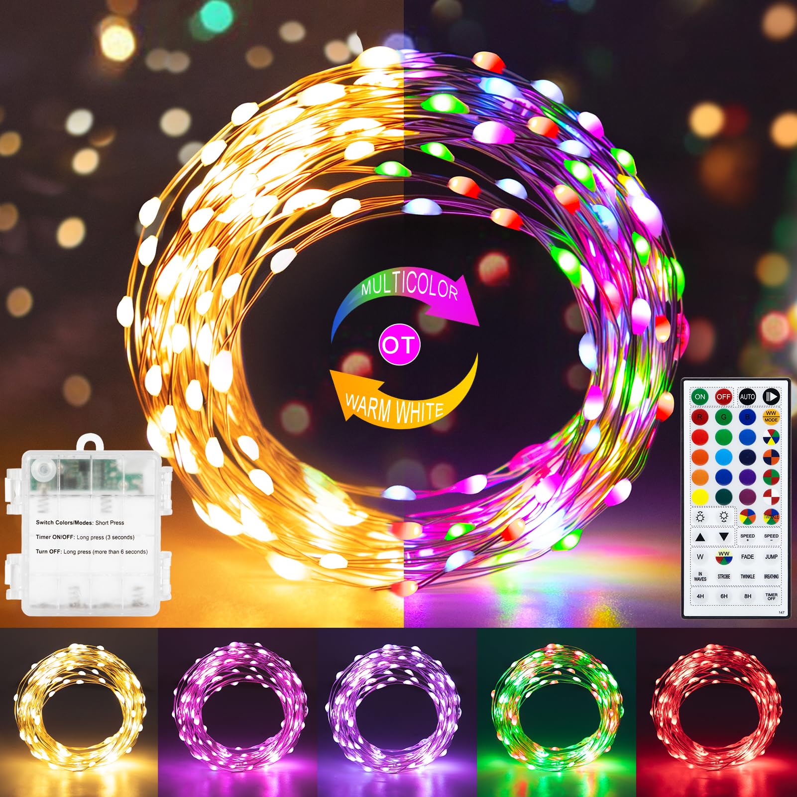 echosari Fairy Lights Battery Operated, RGB Color Changing & Warm White 33Ft 100 LED Twinkle Lights with Remote Timer 150 Scene 