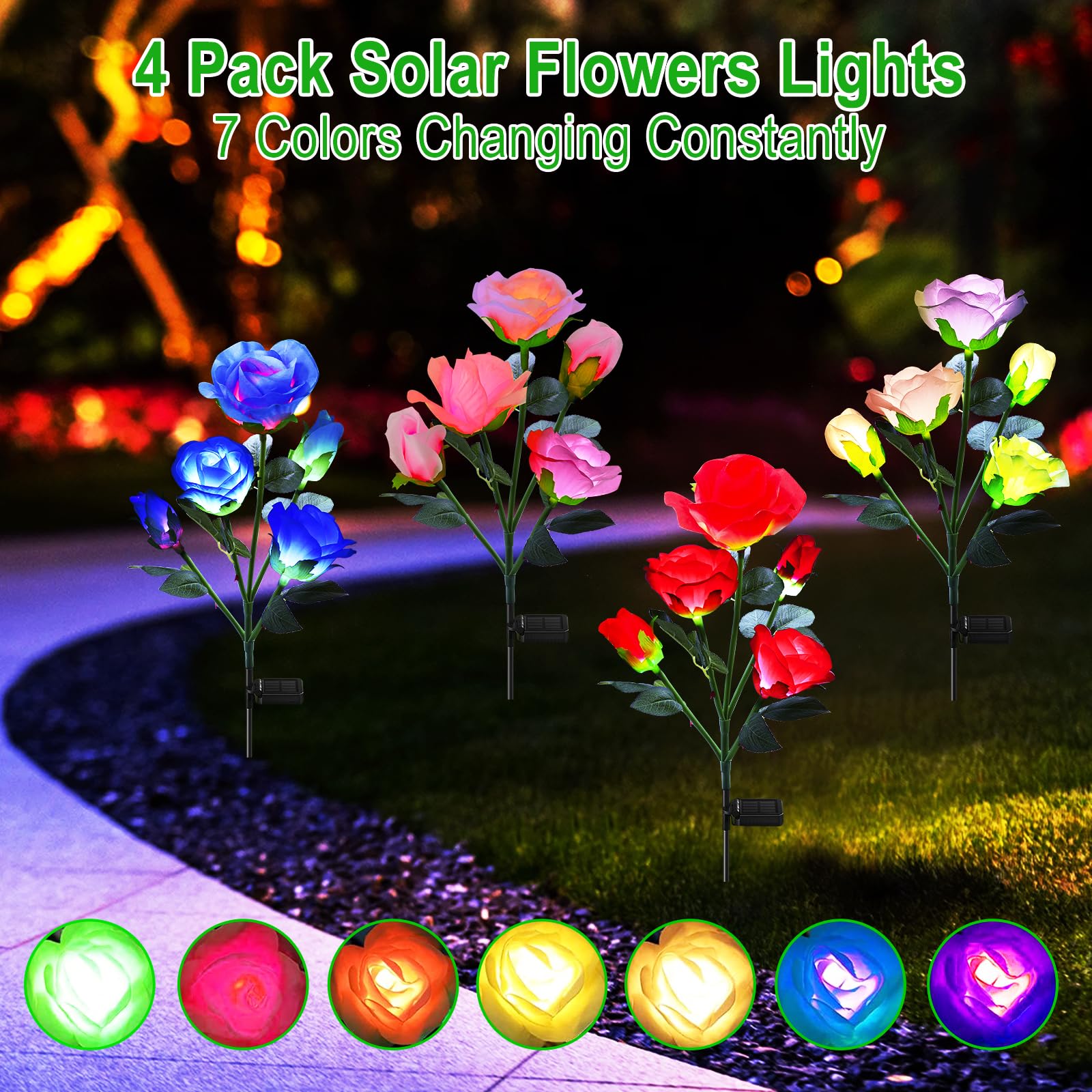 Angmln 4 Pack Solar Garden Lights, Solar Flower Lights Outdoor Waterproof With 20 Head Rose 7-Color Changing Landscape Lights Fo