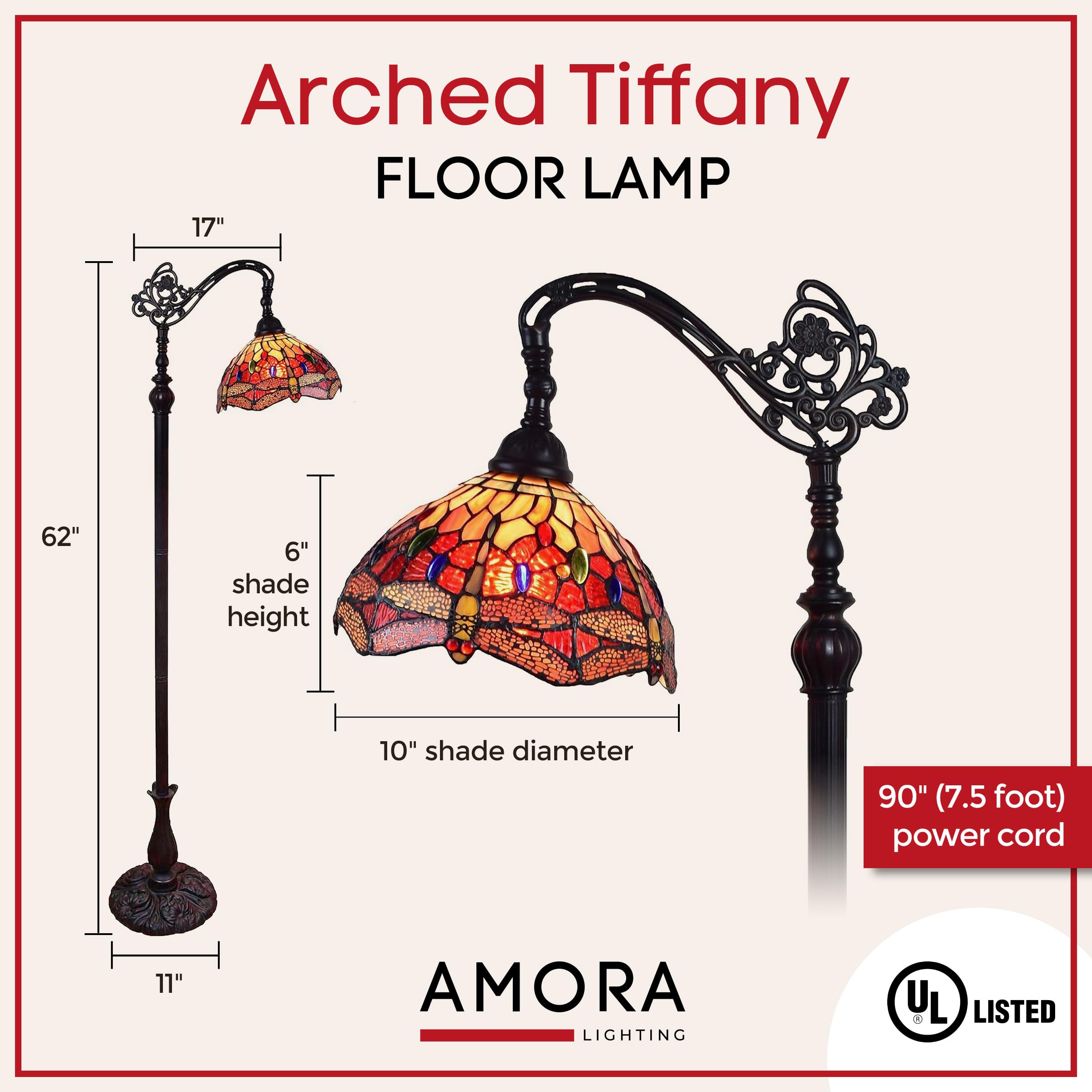 Amora Tiffany Style Floor Lamp, Arched, 62in Tall, Stained Glass, Red Yellow Green, Model AM079FL10B, 10 Inch Diameter