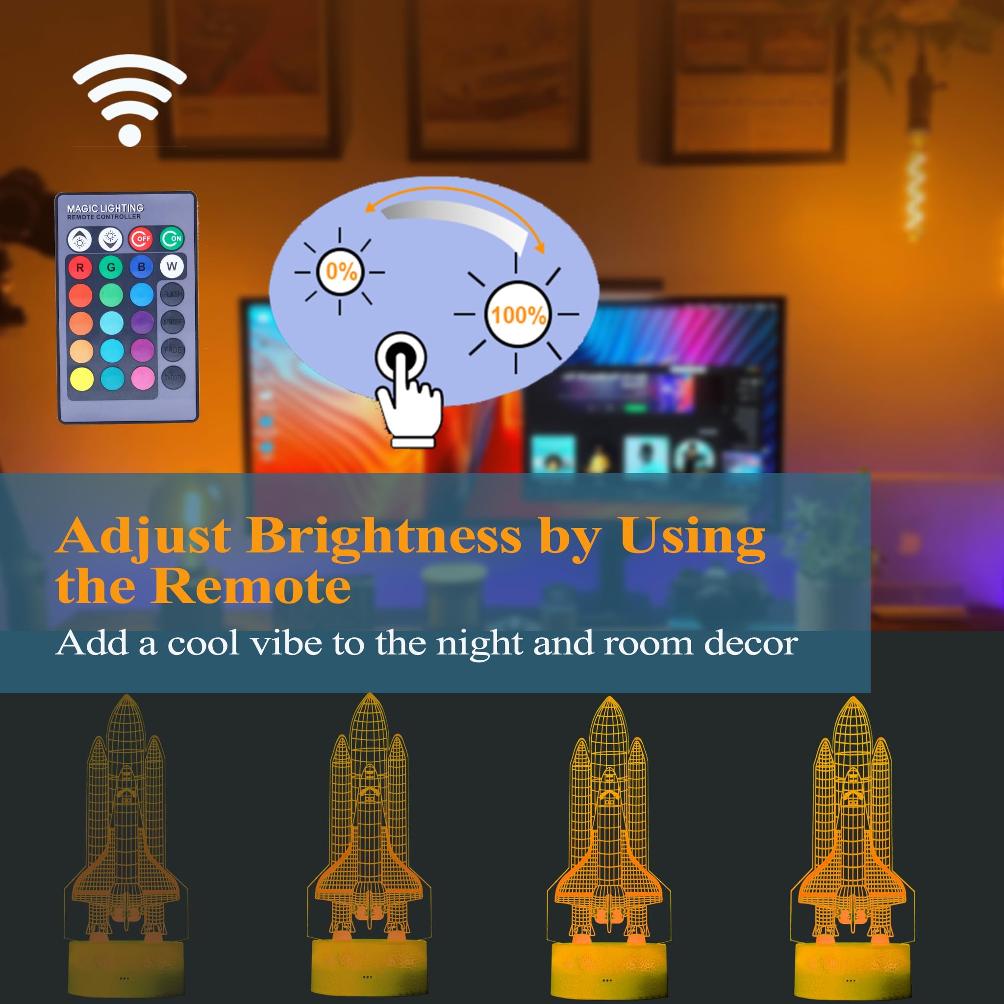 Posshe Space Shuttle Night Light, Space Shuttle Gifts, Rocket 3D Illusion Lamp With 16 Colors Changing, Remote Control And Dimma