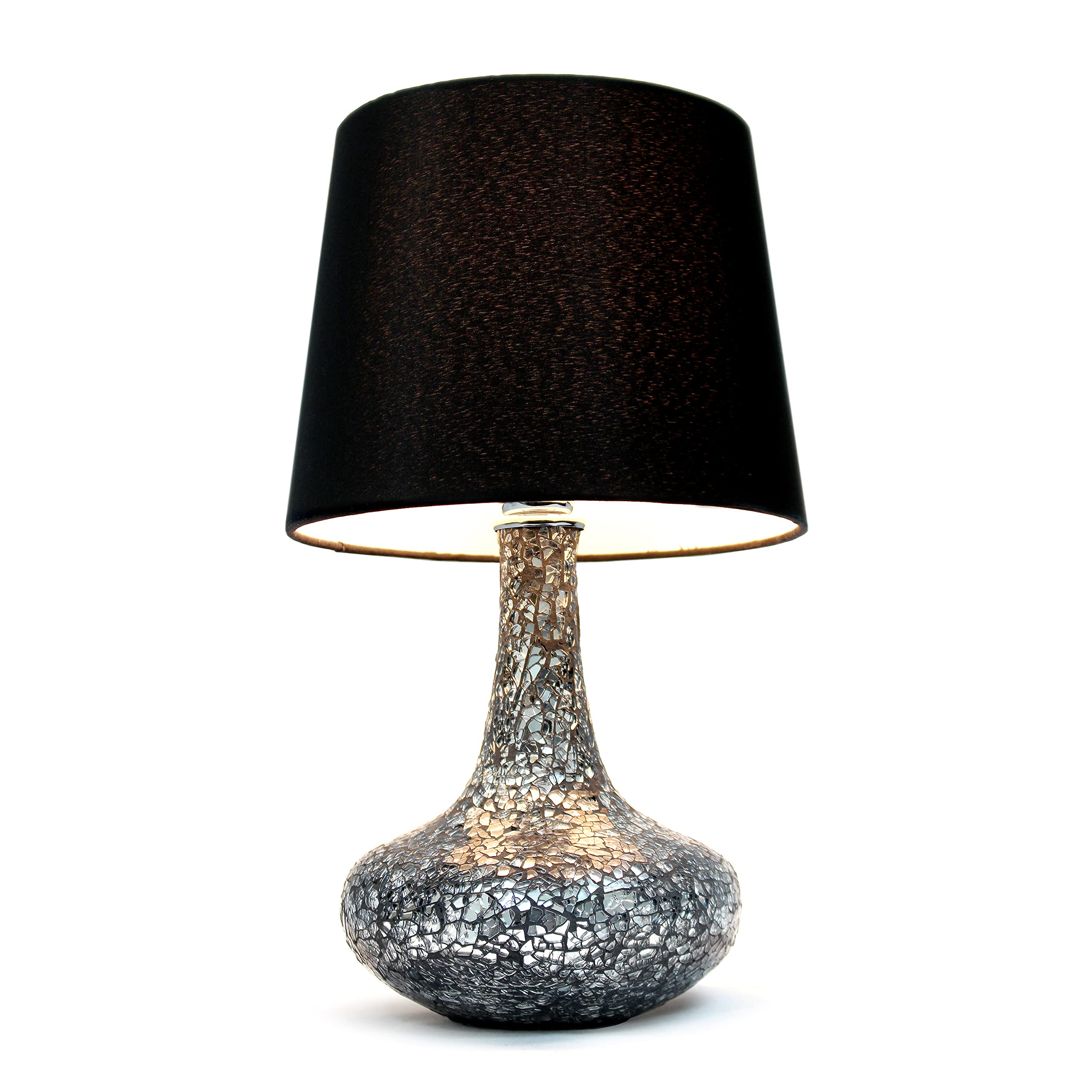 Simple Designs Lt3039-Blk 14.17” Contemporary Mosaic Tiled Glass Genie Standard Table Lamp With Matching Fabric Shade For Home Décor, Bedroom, Living Room, Foyer, Office, Black/Silver
