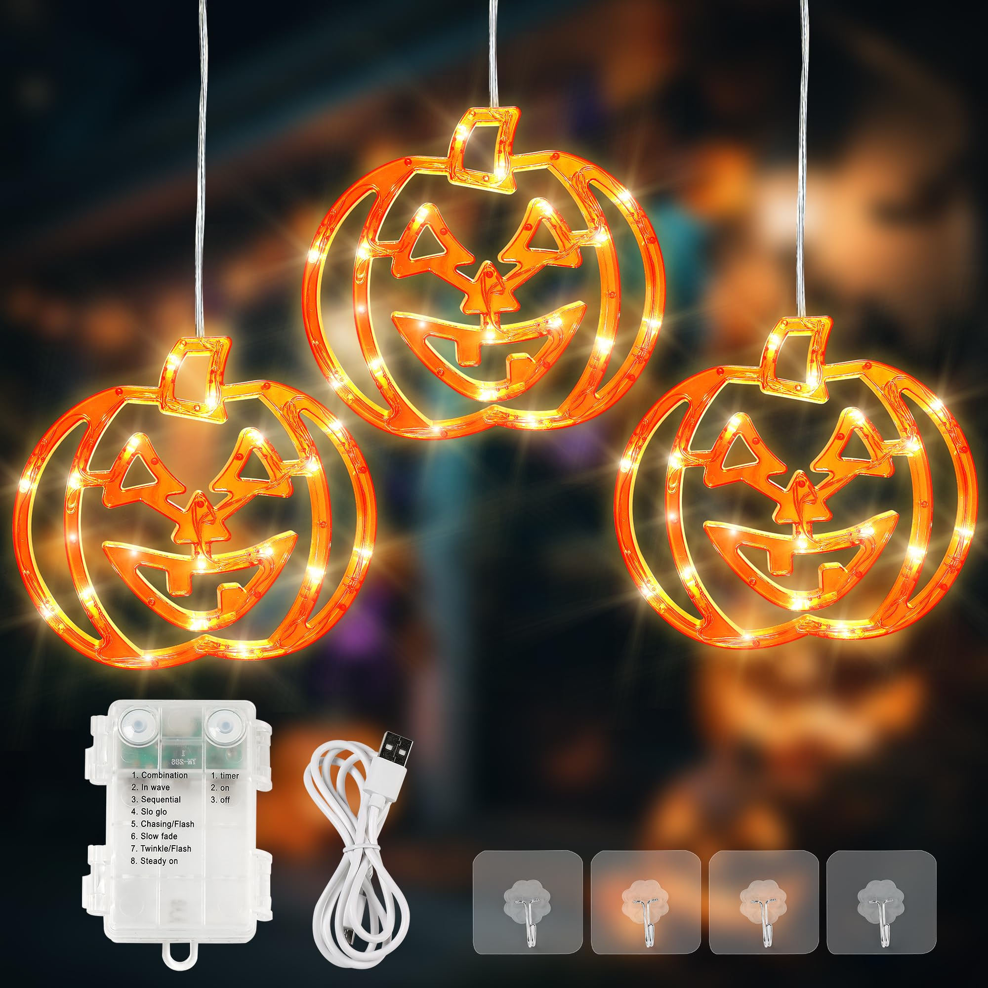 woohaha Halloween Window Lights,48LED 3 Pumpkin Curtain String Lights USB/Battery Operated,Hanging Light for Indoor Outdoor Bedr