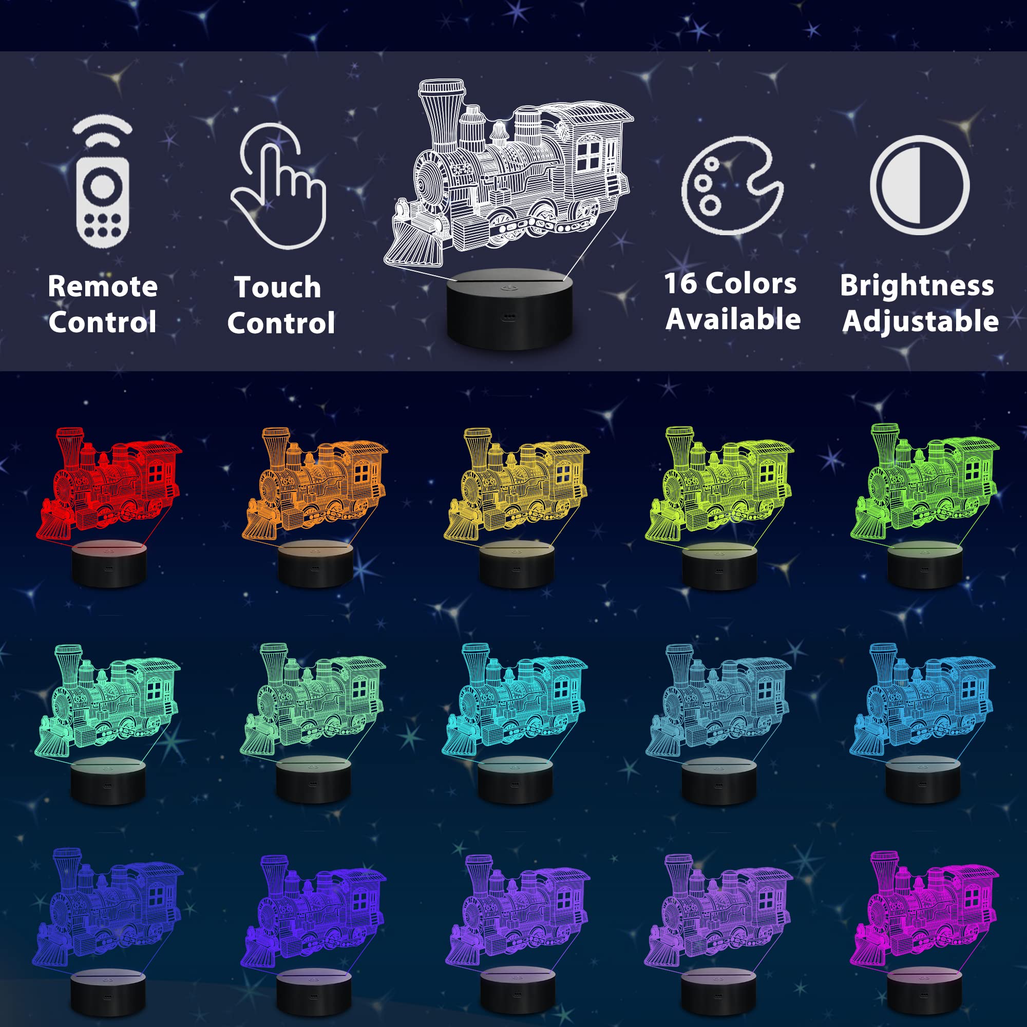 Lampeez 3D Steam Train Lamp Night Light 3D Illusion Lamp For Kids, 16 Colors Changing With Remote, Kids Bedroom Decor As Xmas Holiday Birthday Gifts For Boys Girls Nursery Decor Lighting