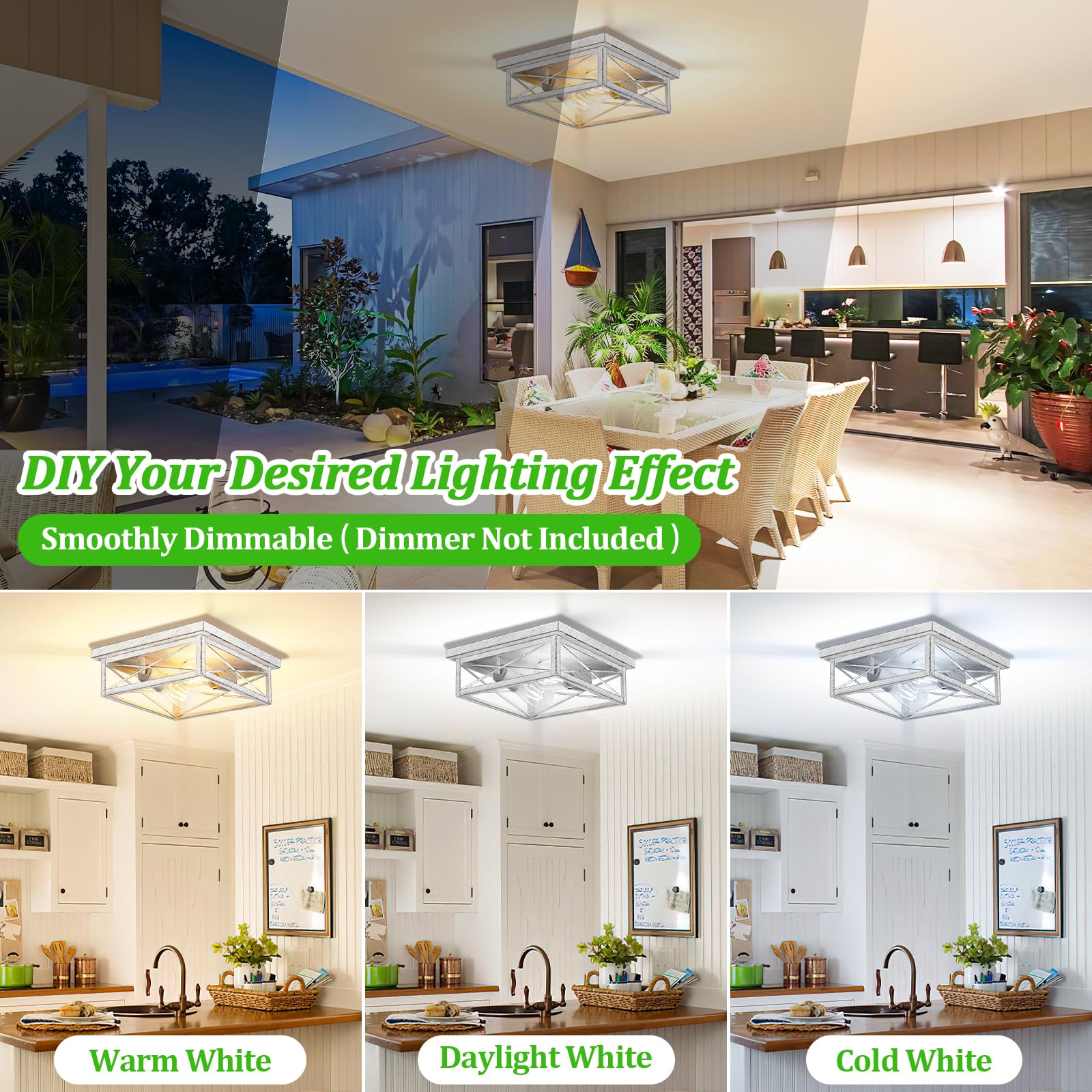 Kondras 2-Light Antique White Flush Mount Ceiling Light Fixture, Metal, 1-Pack, Model X11016P-WH