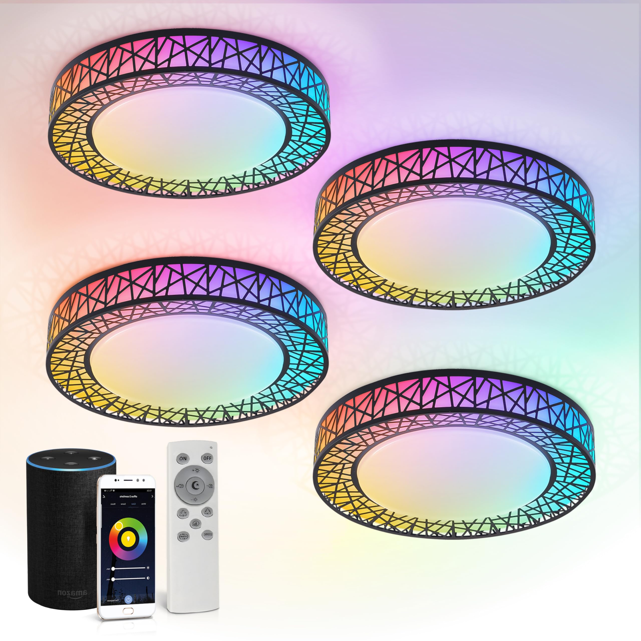 Asd 16 Inch Smart Rgbw Flush Mount Ceiling Light With Remote - Matte Black 28W 120V 2700-6500K Dimmable Ceiling Light Fixture, W