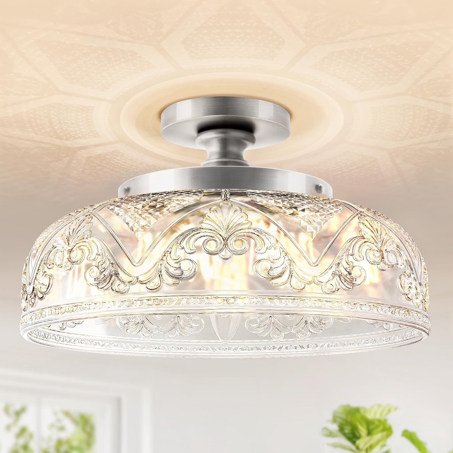 Slypadan Semi Flush Mount Ceiling Light, 12 Inch Large Silver Ceiling Light Fixture, 3-Light Globe Glass Farmhouse Kitchen Light