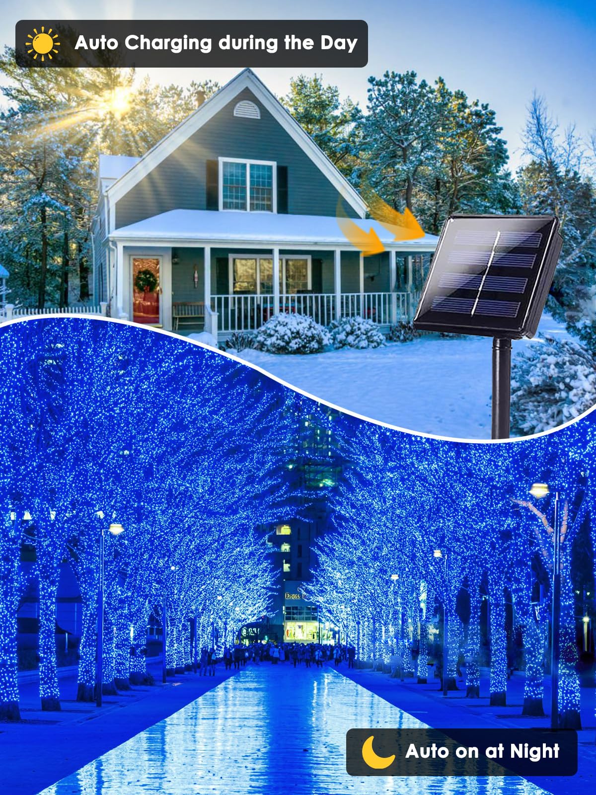 EEW 200 LED Solar String Lights, Waterproof Green Wire, 8 Lighting Modes, 2 Pack, Blue, Model CAIYUAN-100