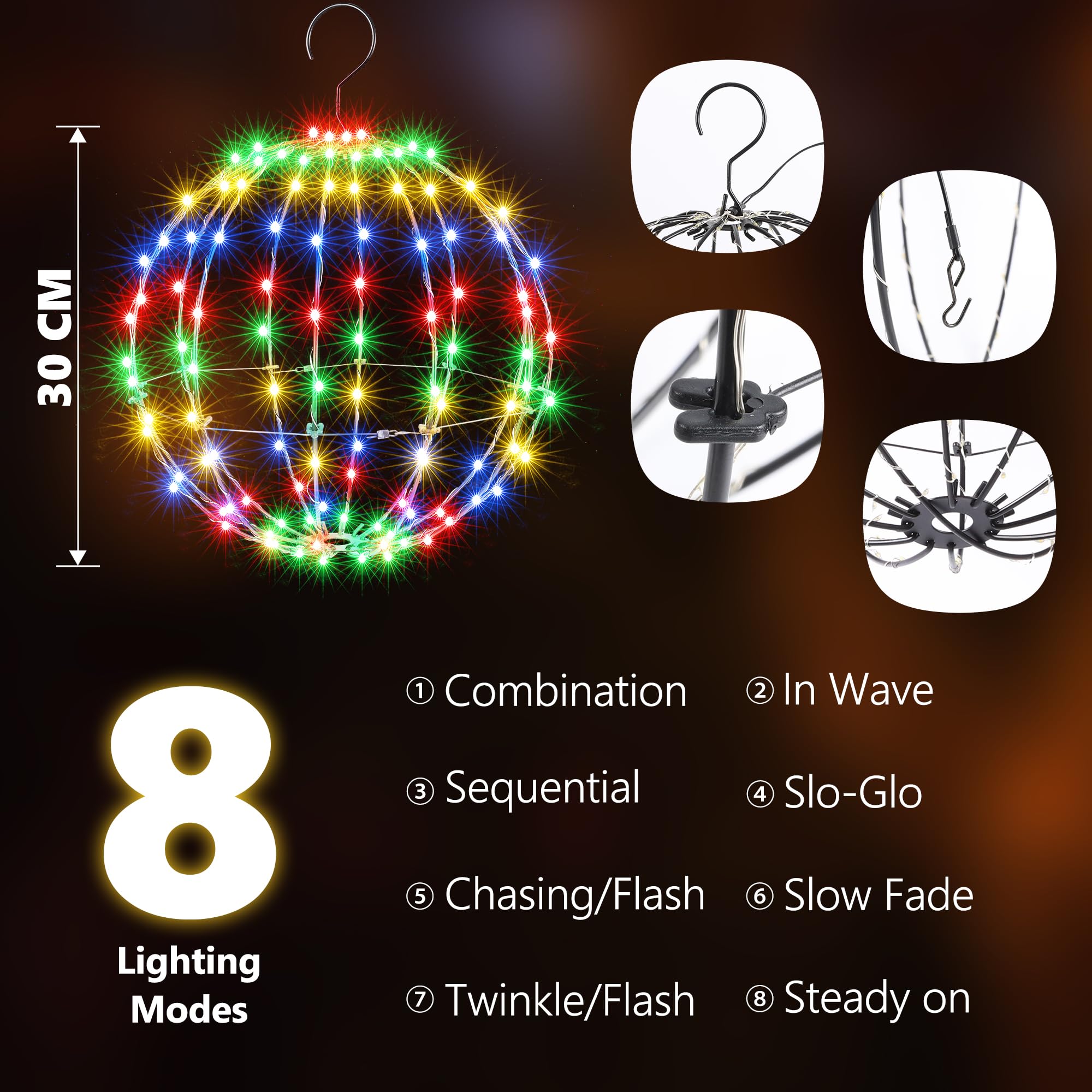 Joomer 12IN Christmas Ball Lights - 120 LED Waterproof Metal Sphere, Multicolor, 8 Modes with Timer, Hanging Globe for Holiday Decor